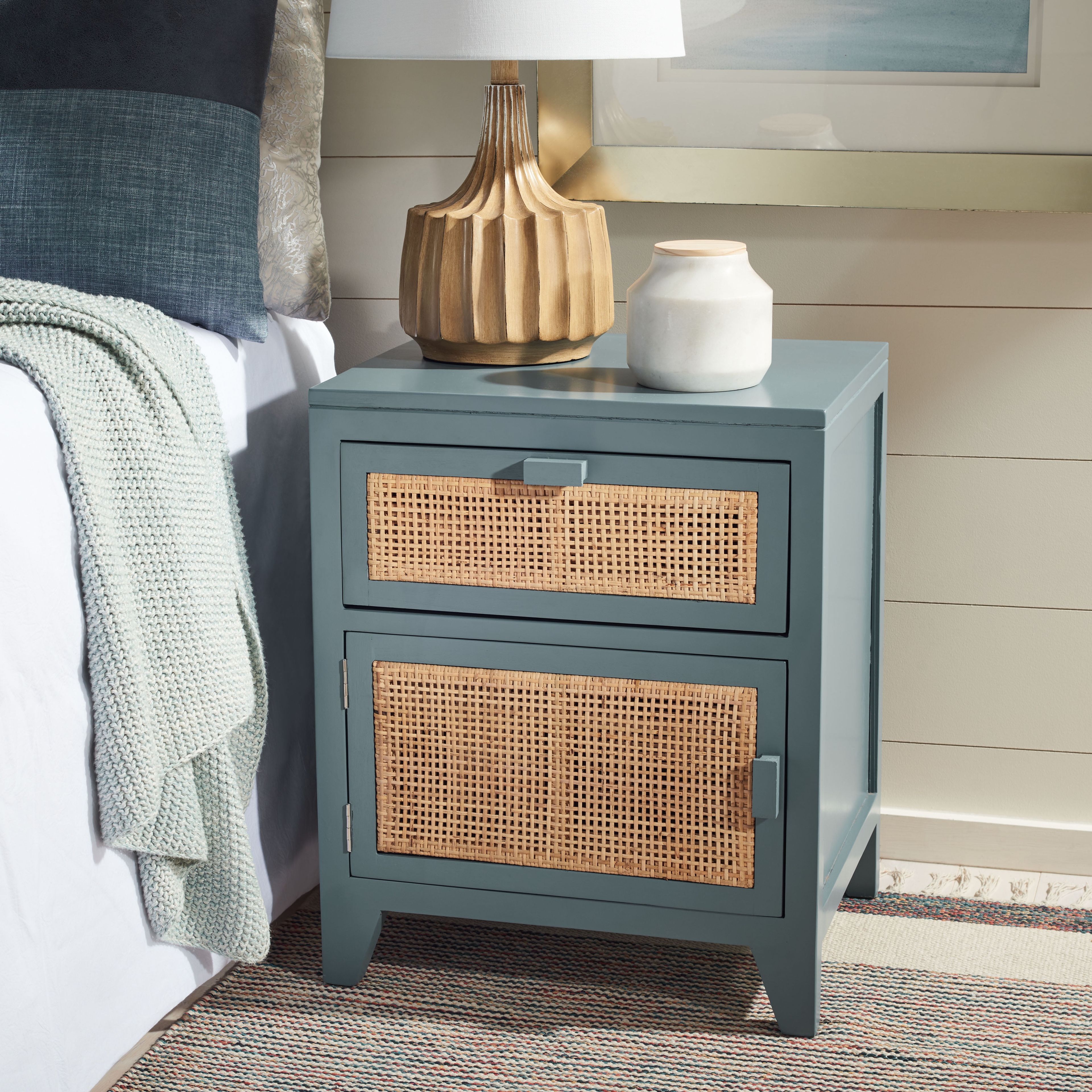 Devon Coastal Blue Grey Mahogany and Natural Rattan Nightstand