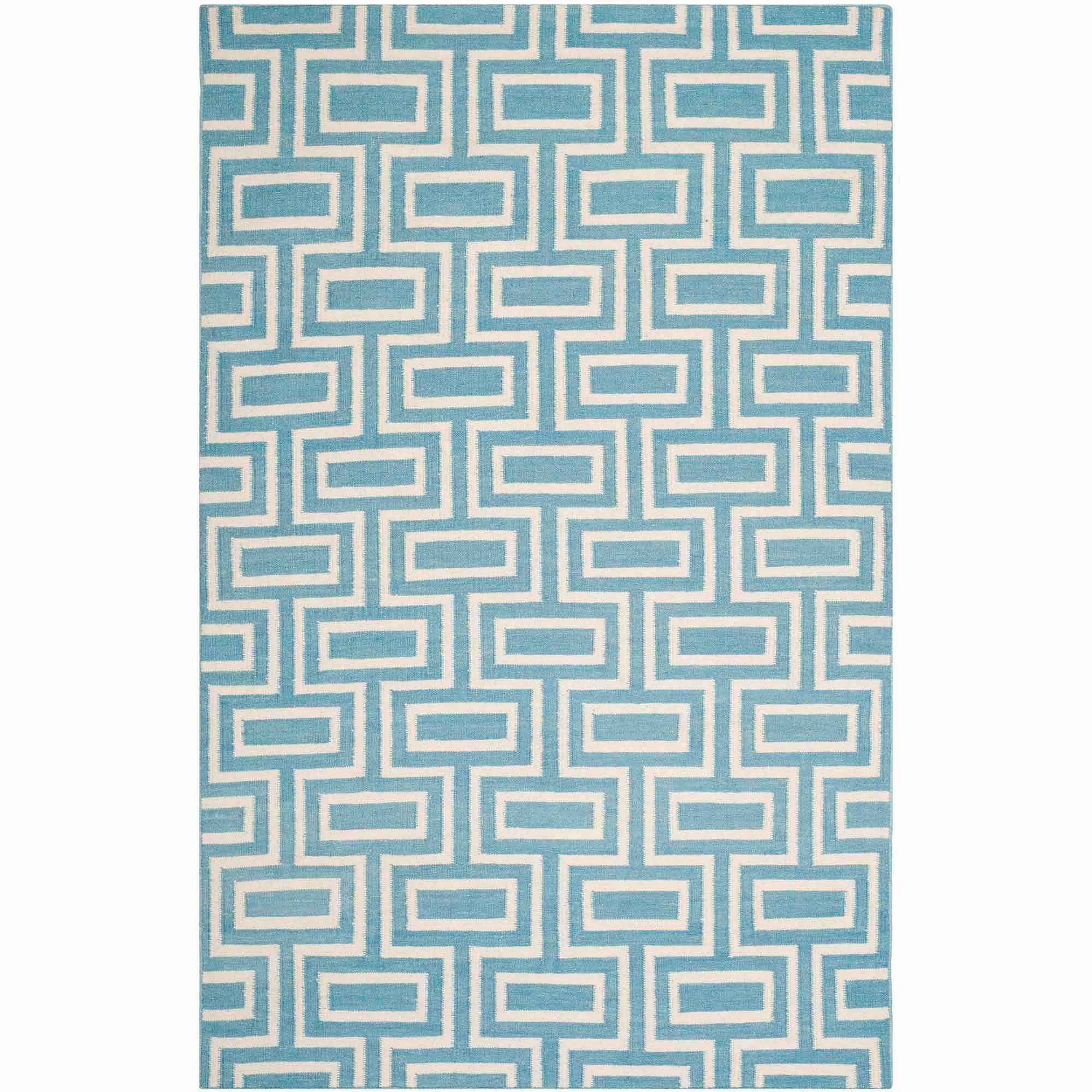 Light Blue and Ivory Geometric Square Wool Blend Area Rug, 6' x 9'