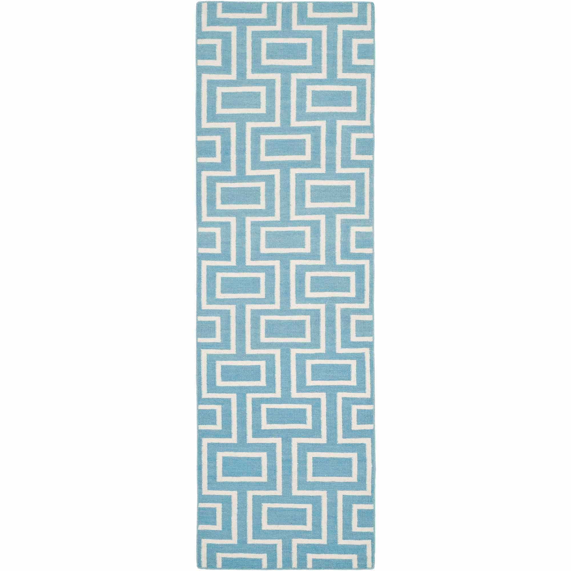 Light Blue and Ivory Geometric Wool Runner Rug, 2'6" x 8'