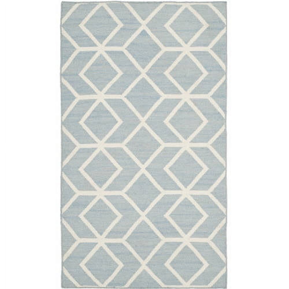 Blue and Ivory Wool Geometric Flat Woven Area Rug 3' x 5'