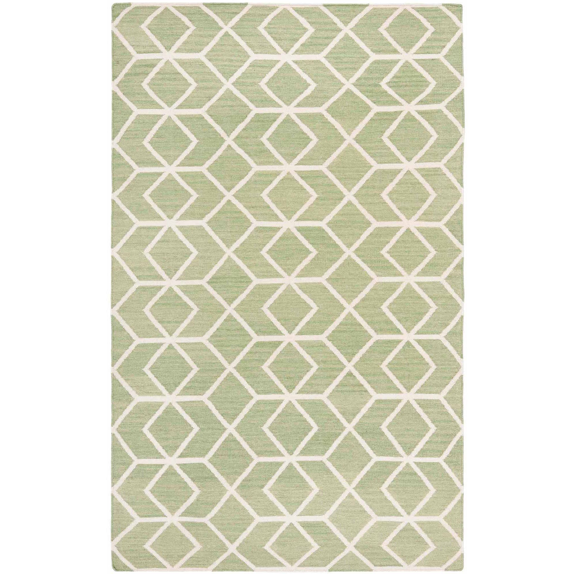 Sage and Ivory Geometric Wool Flat Woven Rug, 4' x 6'