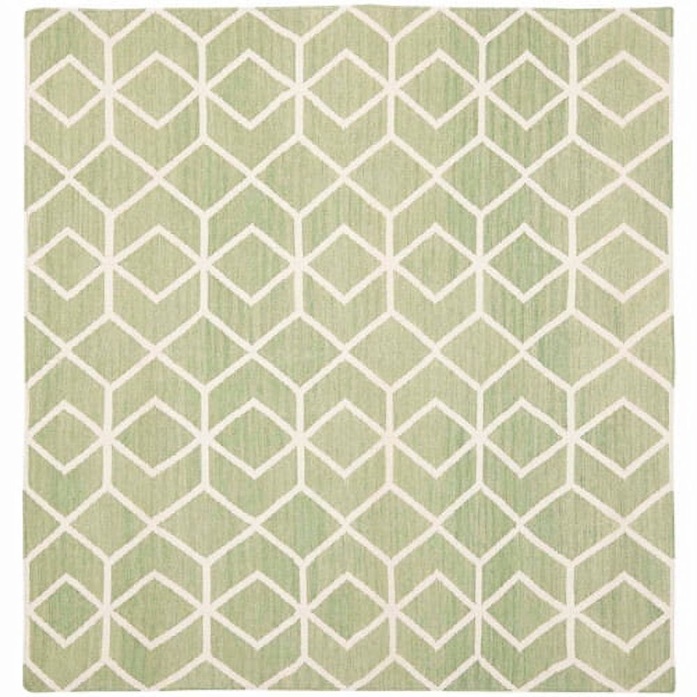 Handmade Green and Ivory Wool Geometric Square Rug, 8' x 8'