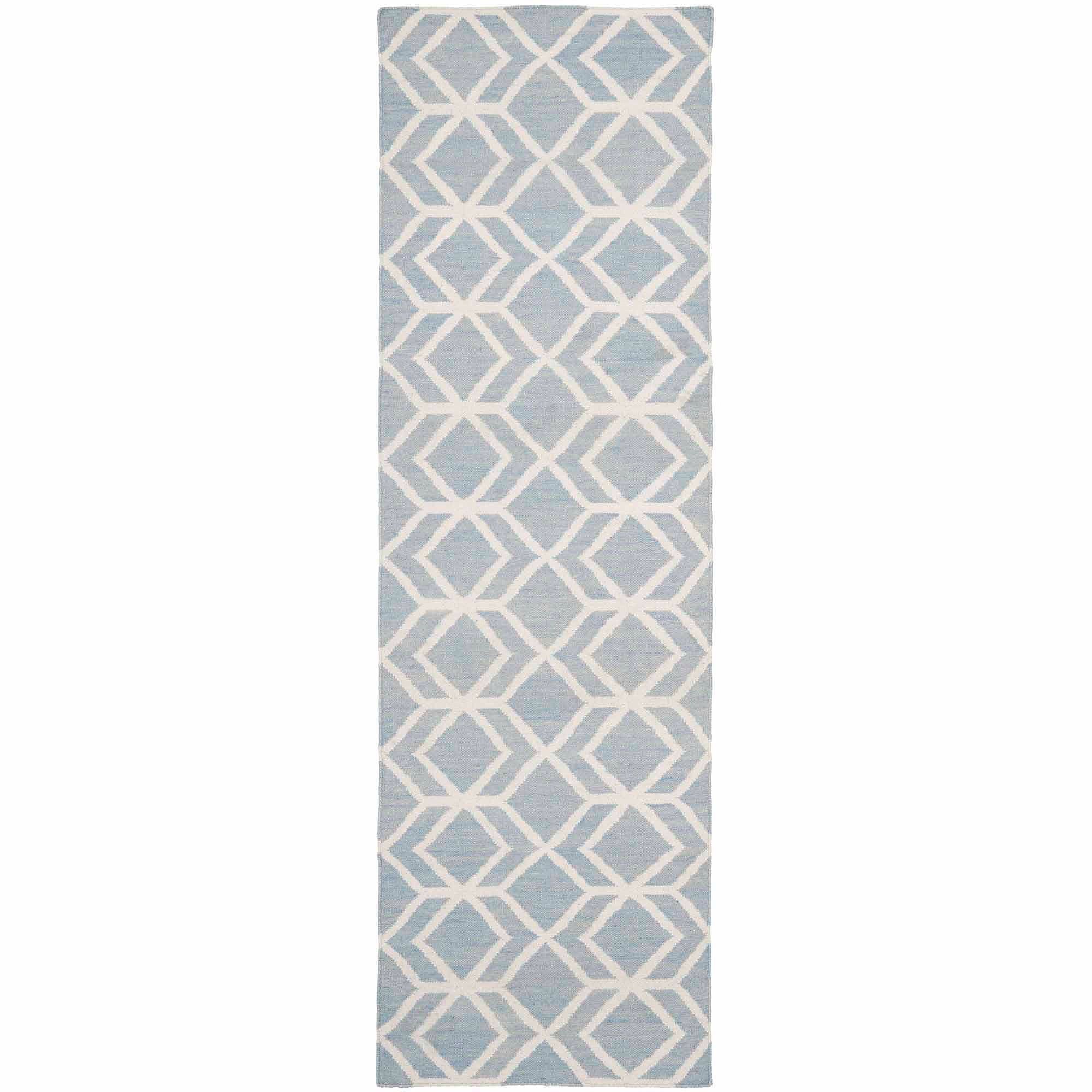 Blue and Ivory Geometric Wool Runner Rug, 2'6" x 6'