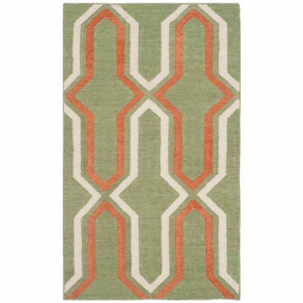 Green and Rust Geometric Wool Flat Weave Rug, 5' x 8'