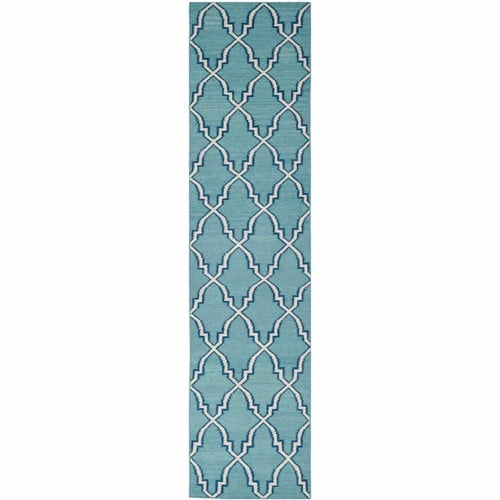 Light Blue and Ivory Wool Flatweave Runner Rug, 2'6" x 10'