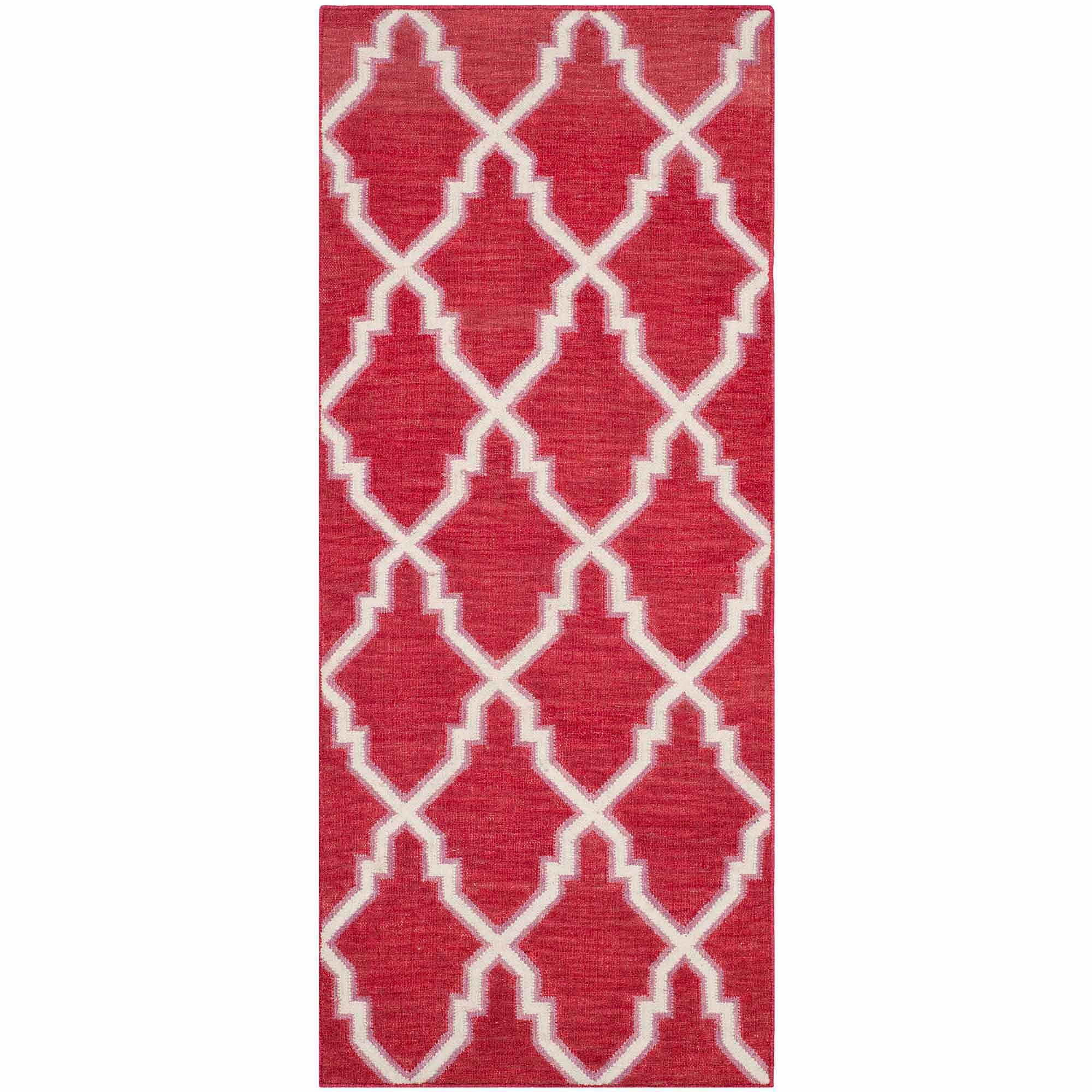 Handwoven Red and Ivory Wool Geometric Runner Rug