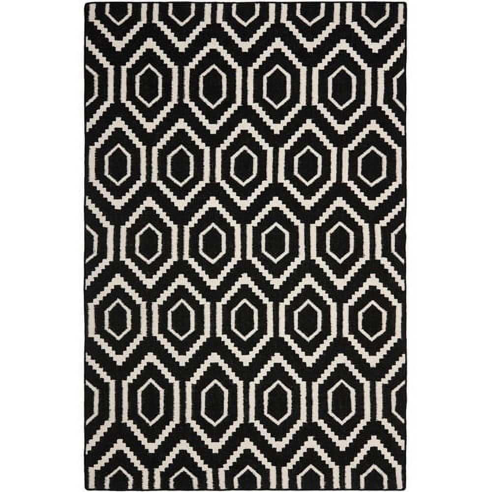 Black and Ivory Geometric Wool Flat Woven Area Rug, 5' x 8'