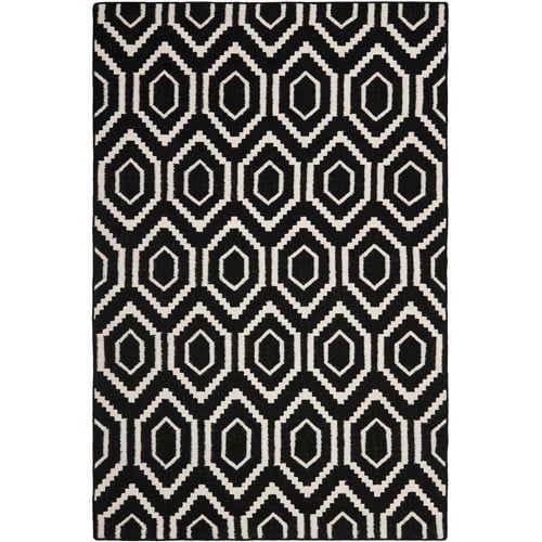 Handwoven Geometric Black and Ivory Wool Round Rug, 95"