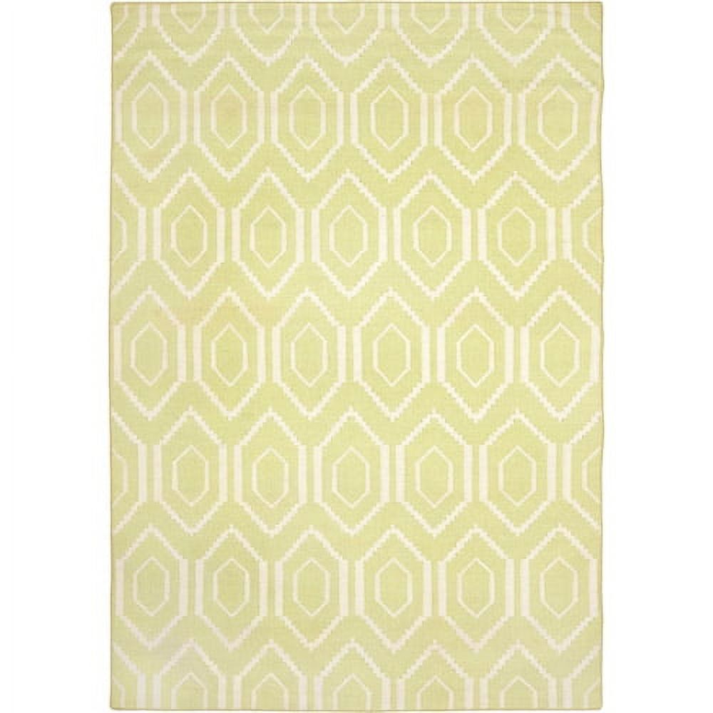 Ivory and Green Geometric Wool Square Rug, 6' x 6'