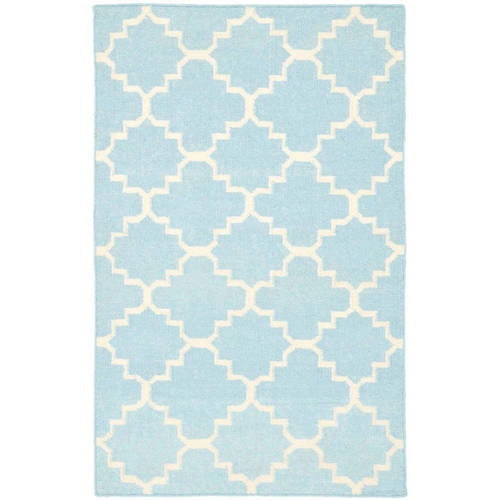 Light Blue and Ivory Geometric Wool Area Rug, 5' x 8'