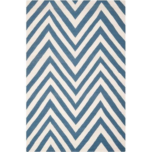 Blue and Ivory Geometric Wool Flat Woven Rug, 3' x 5'