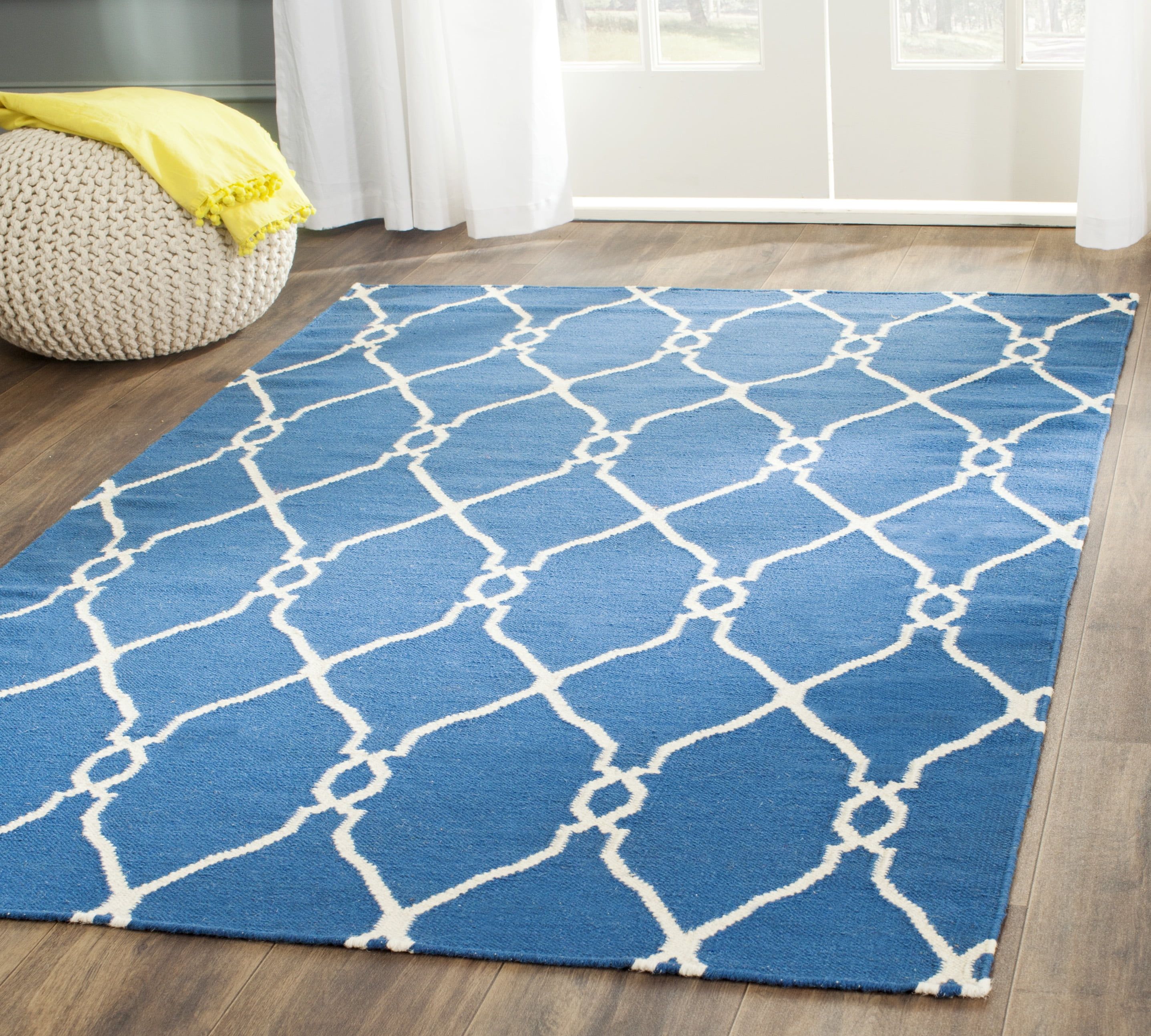 Handwoven Dark Blue Geometric Square Wool Rug, 3' x 5'