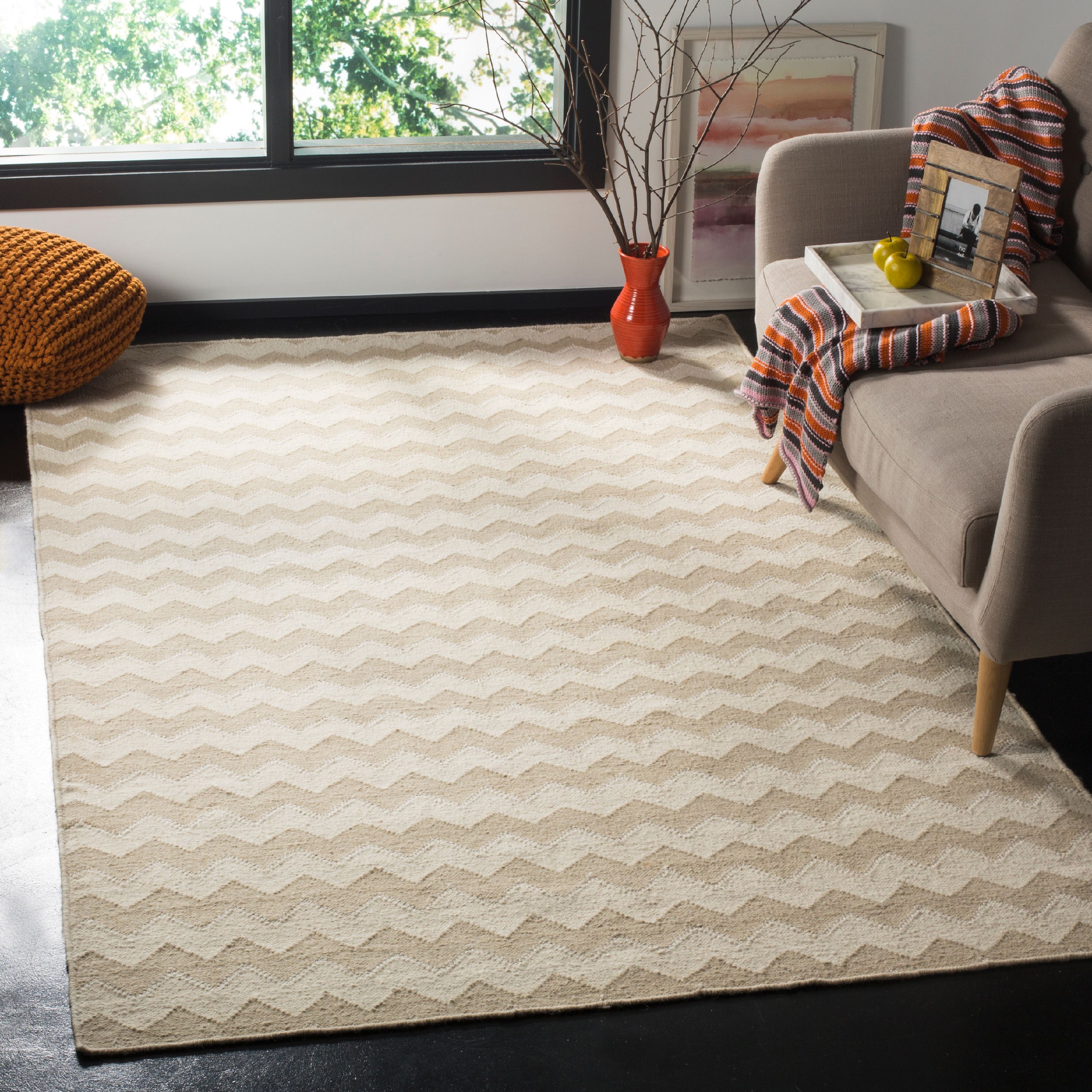 Beige Chevron Flat Woven Wool Square Rug, 6' x 6'