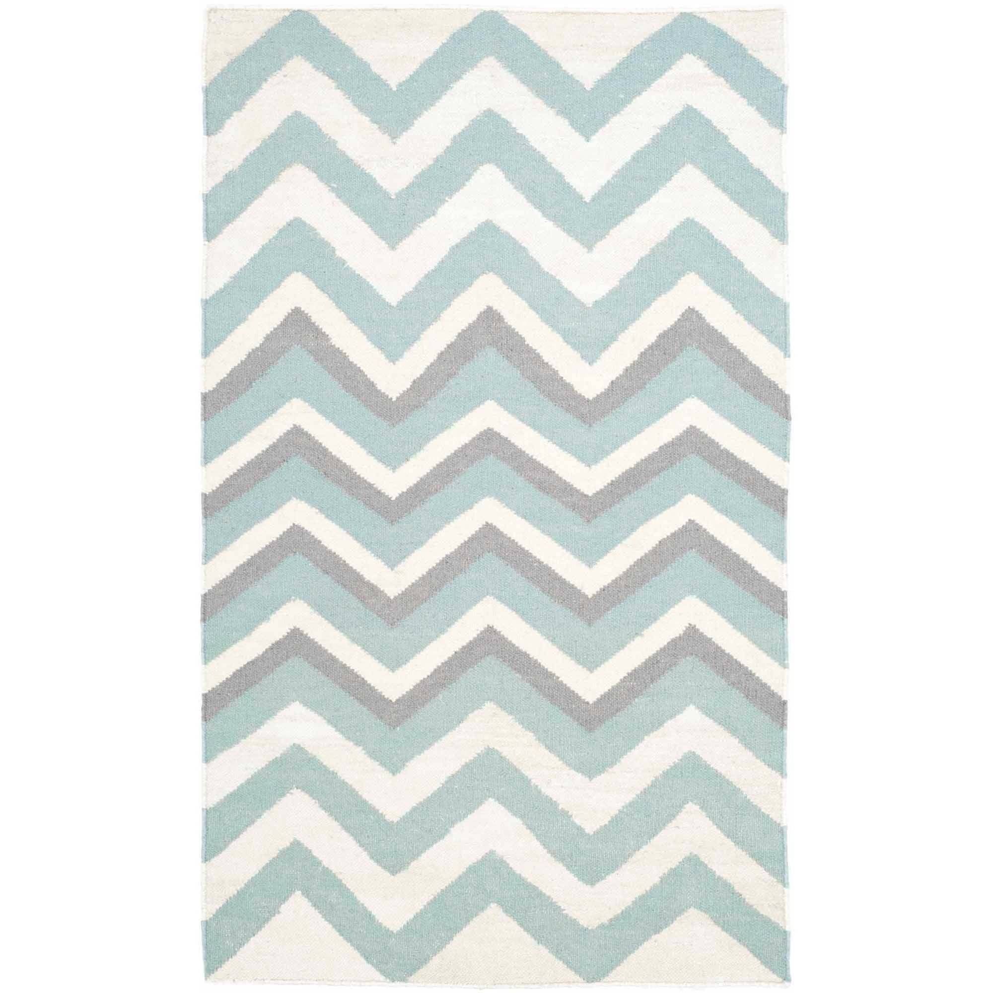 Blue and White Chevron Flat Woven Wool Area Rug, 3' x 5'