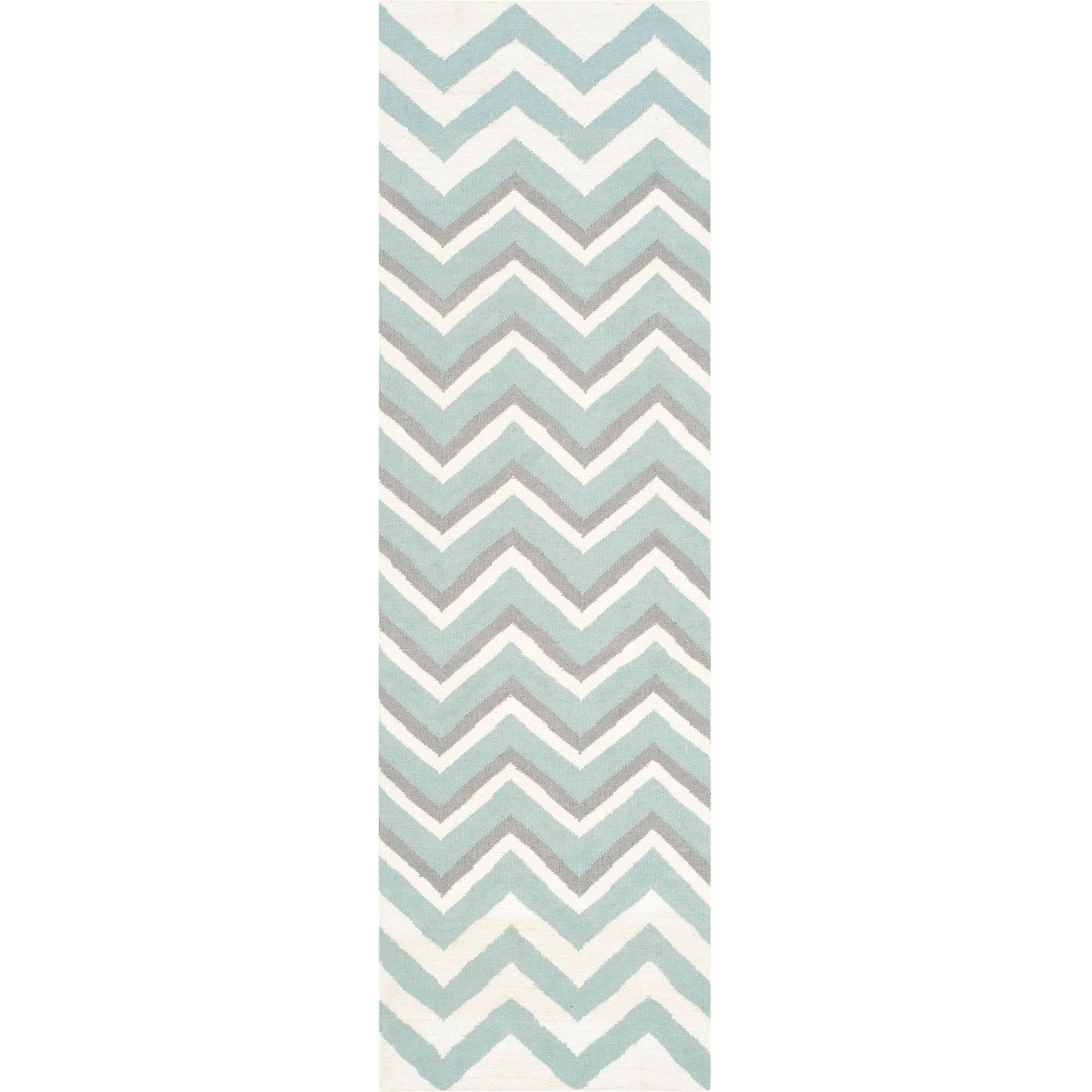 Blue and White Geometric Wool Runner Rug, 2'6" x 8'