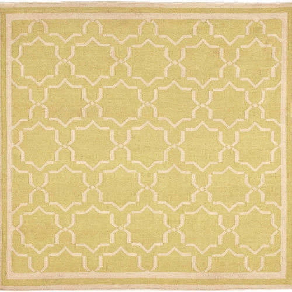 Ivory and Light Green Geometric Wool Square Rug, 6' x 6'