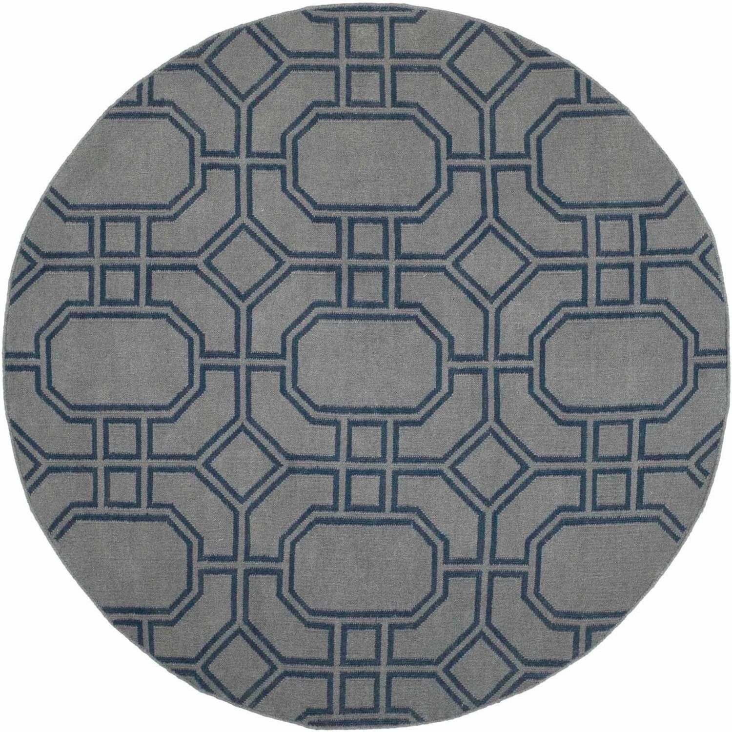 Grey and Dark Blue Geometric Wool Round Rug, 6' x 6'