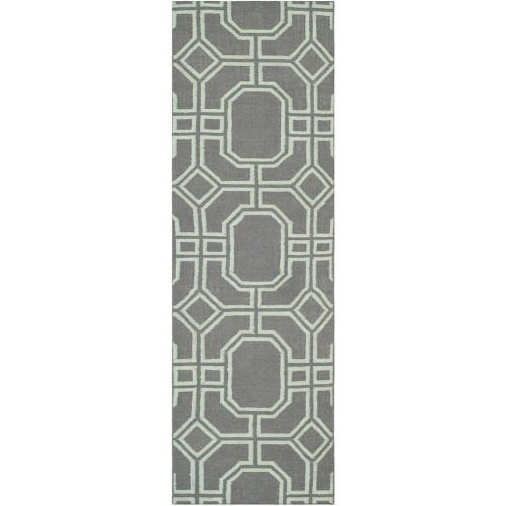 Grey and Light Blue Geometric Wool Runner Rug, 2'6" x 8'