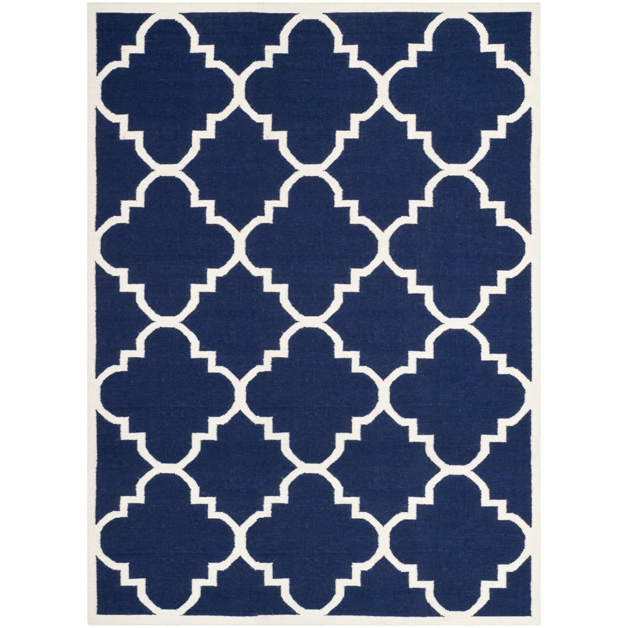 Ivory and Navy Square Handmade Wool Geometric Rug - 6' x 6'