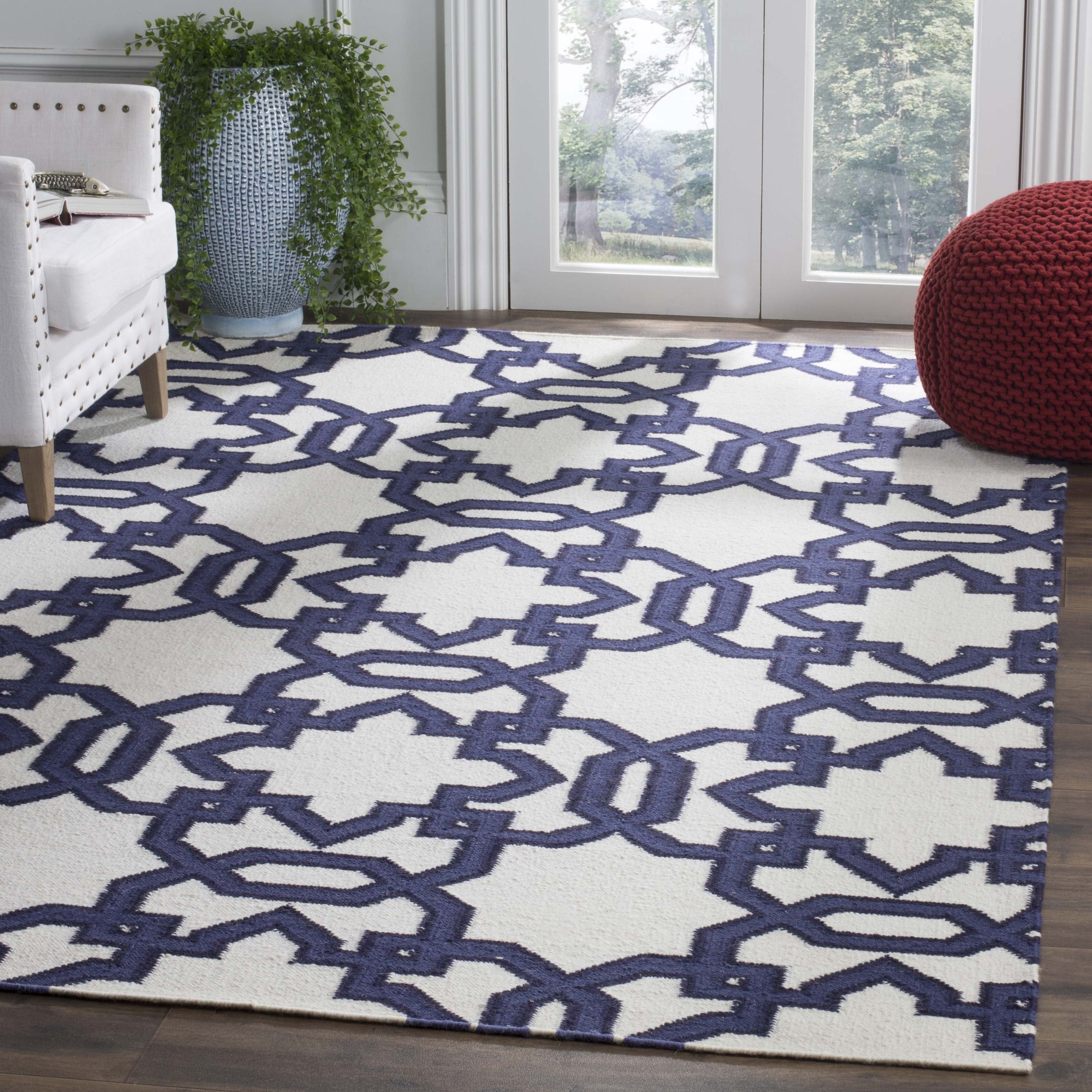 Ivory and Purple Geometric Wool Flat Weave Rug, 6' x 6'