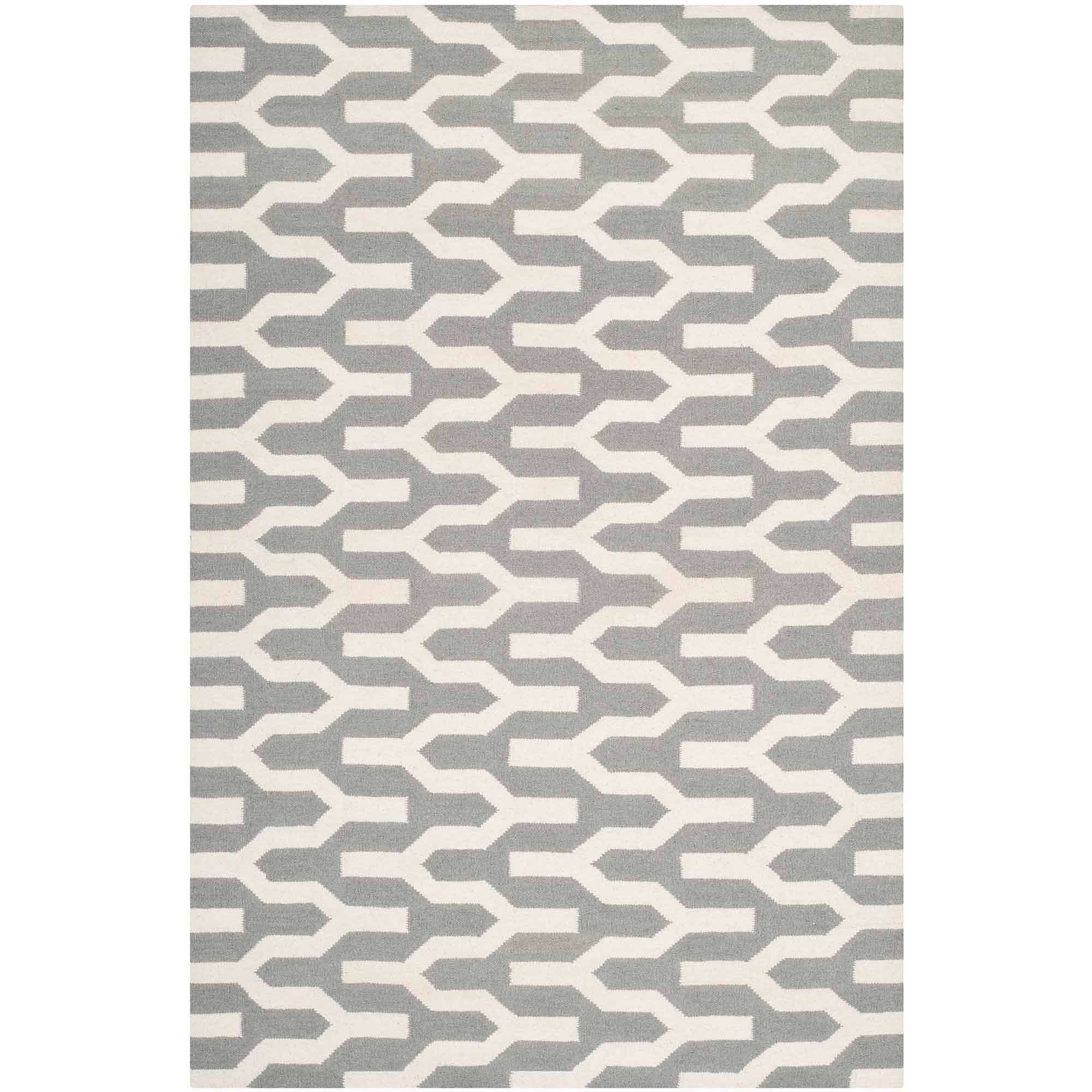 Ivory and Silver Geometric Wool Flat Woven Rug, 5' x 8'