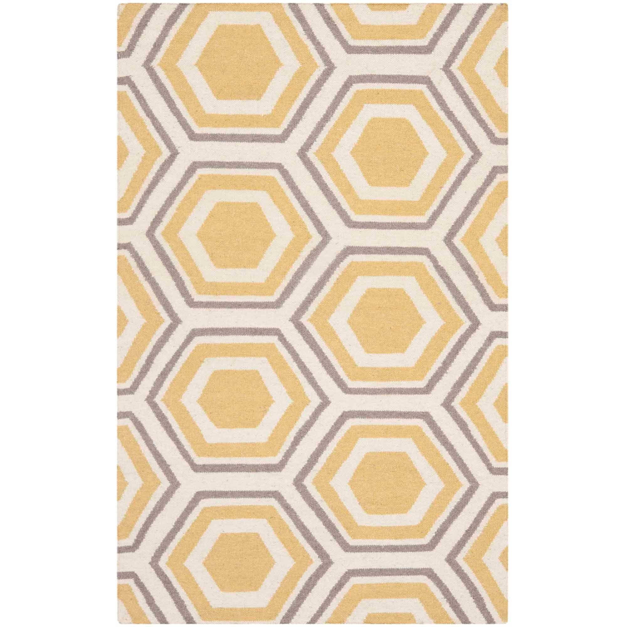 Ivory and Yellow Geometric Hexagon Wool Area Rug, 3' x 5'