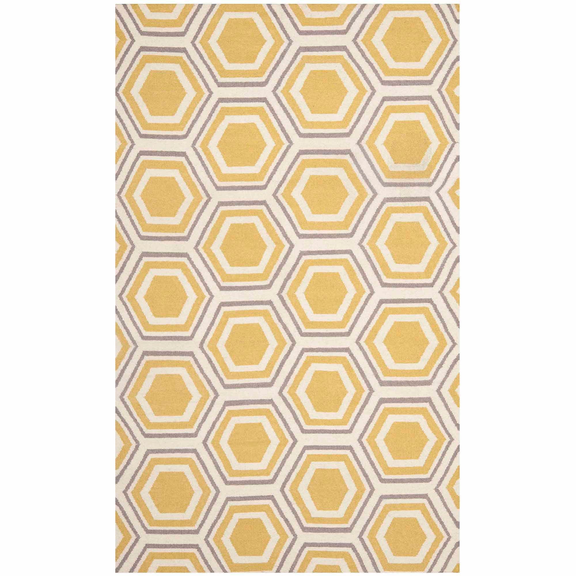 Ivory and Yellow Geometric Hexagon Wool Area Rug, 4' x 6'