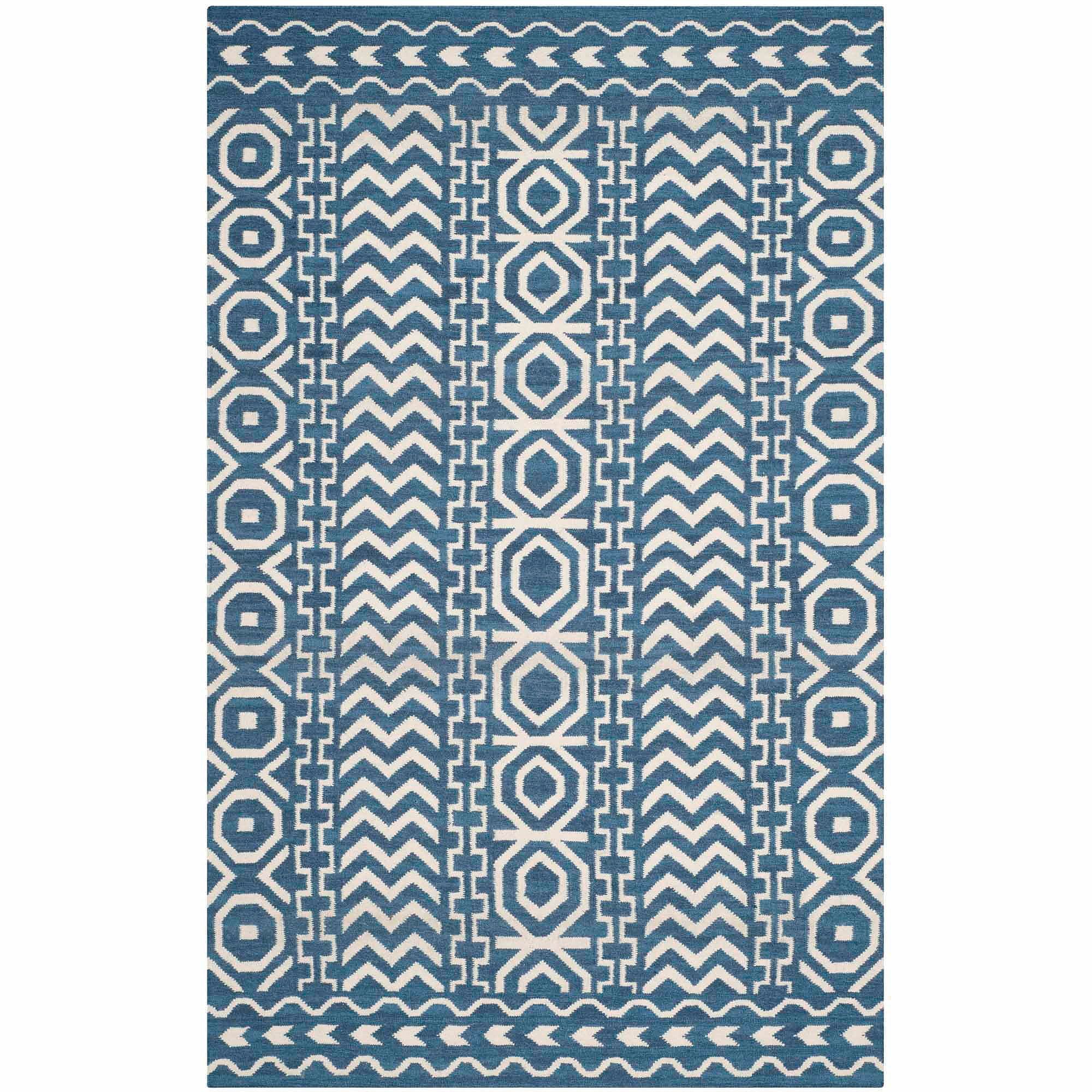 Handmade Flat Woven Blue Wool 5' x 8' Reversible Rug