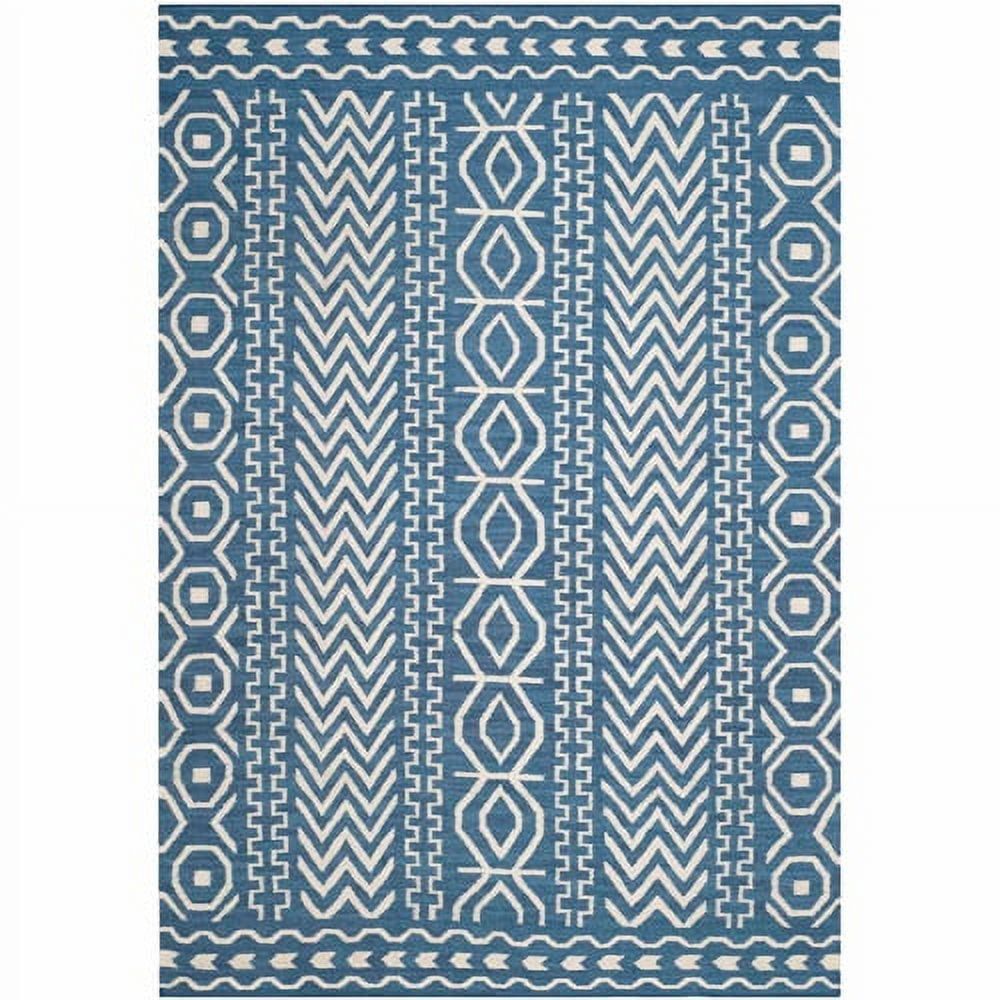 Dark Blue and Ivory Geometric Wool Cotton Area Rug, 6' x 9'