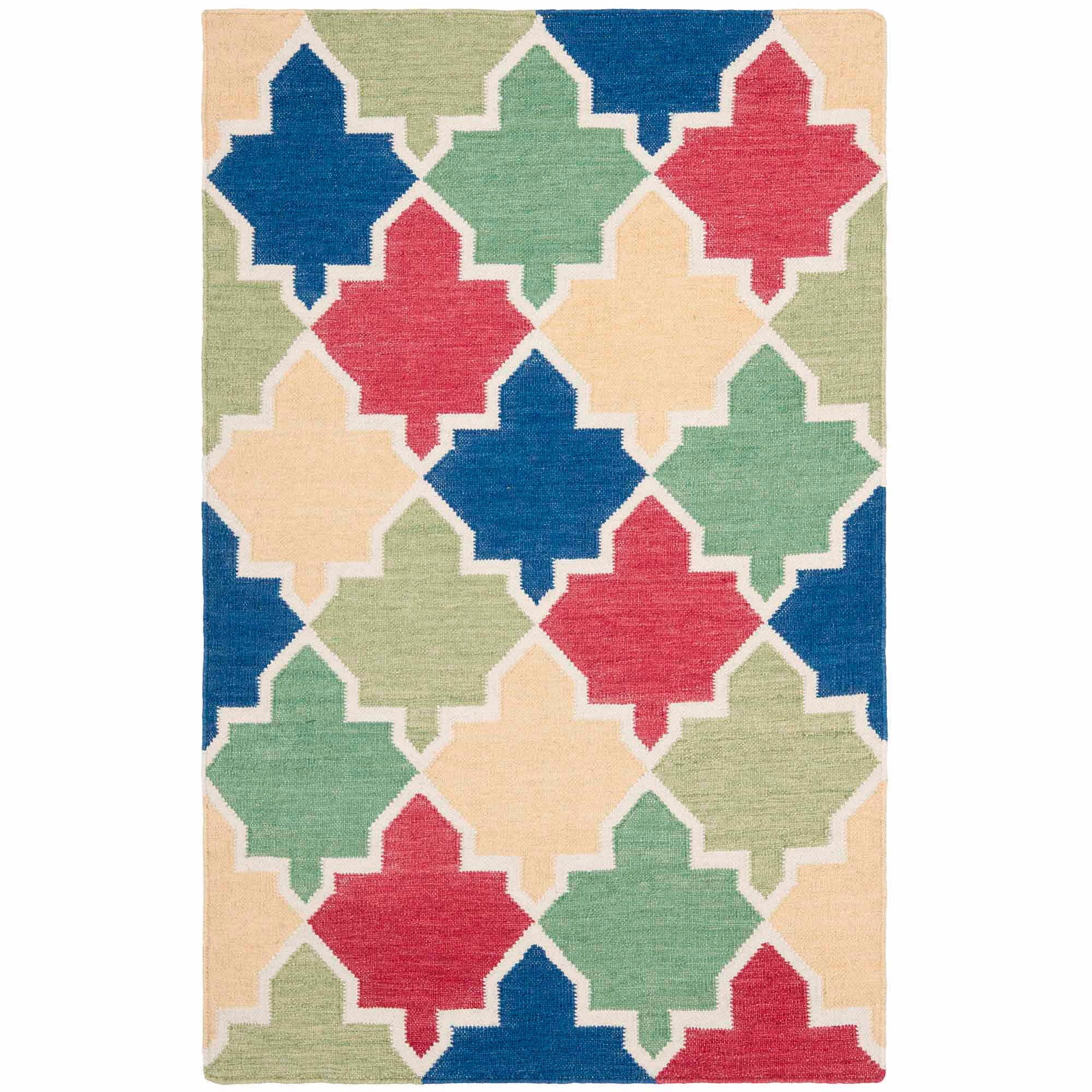 Blue and Multi Geometric Wool Flat Woven Area Rug, 3' x 5'