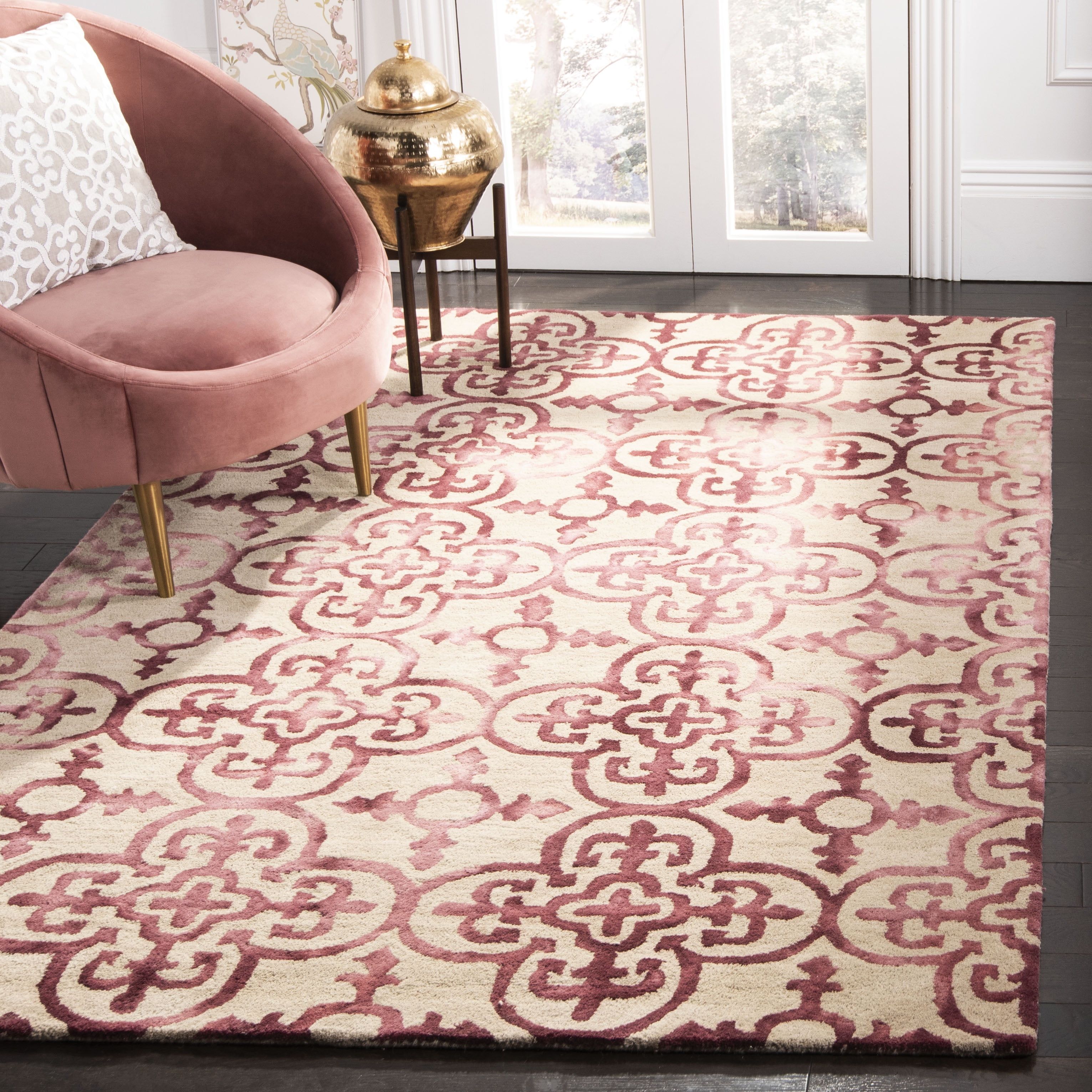 Hand-Tufted Maroon Floral on Beige Wool 5' x 8' Area Rug