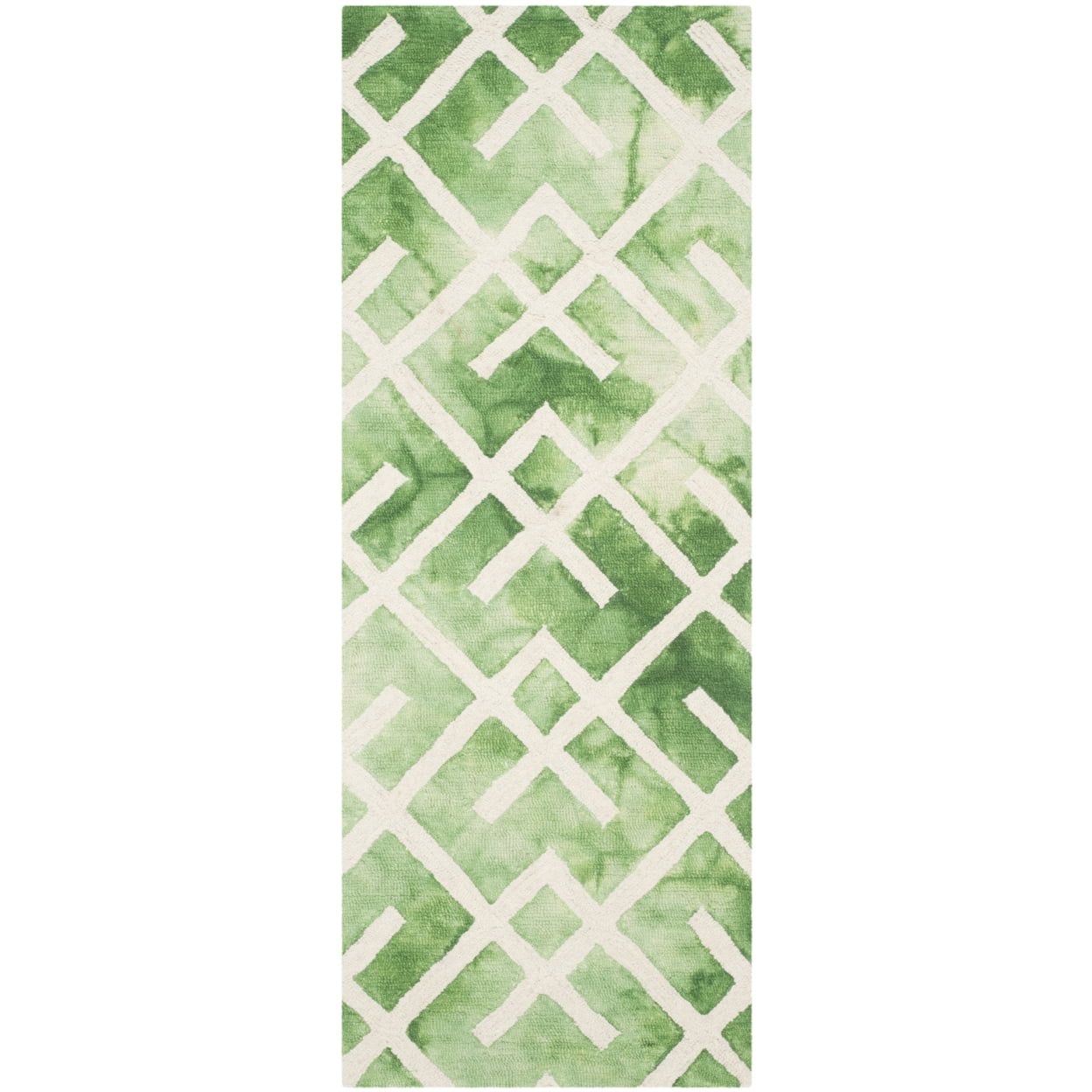 Handmade Green and Ivory Wool Geometric Runner Rug