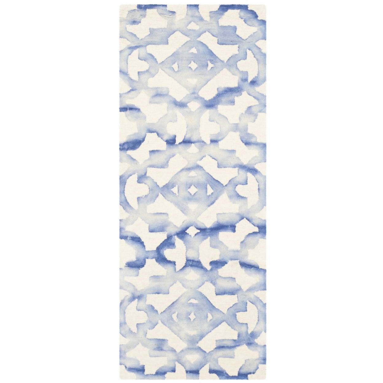 Hand-Tufted Ivory and Blue Wool Geometric Runner Rug