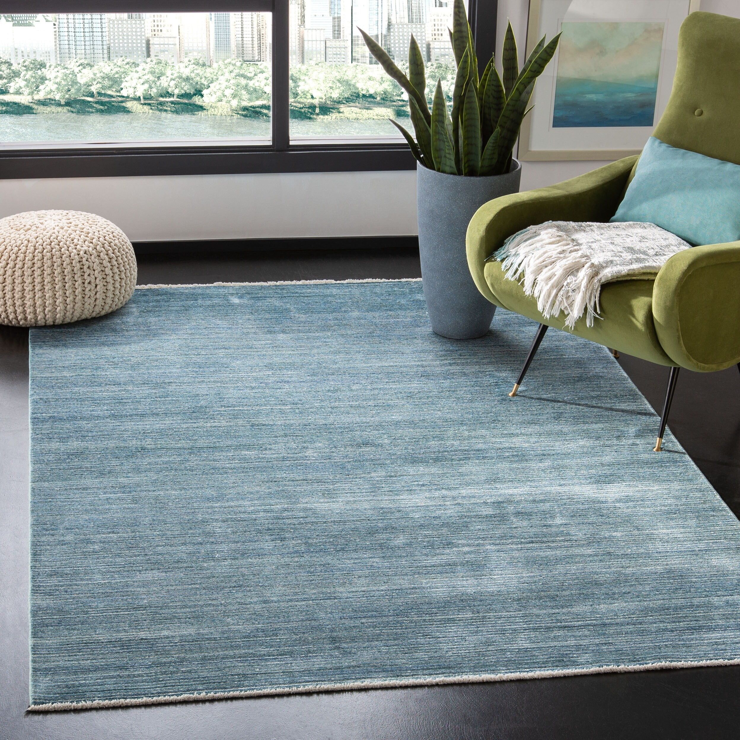 Hand-Knotted Blue Wool and Viscose 5' x 8' Area Rug