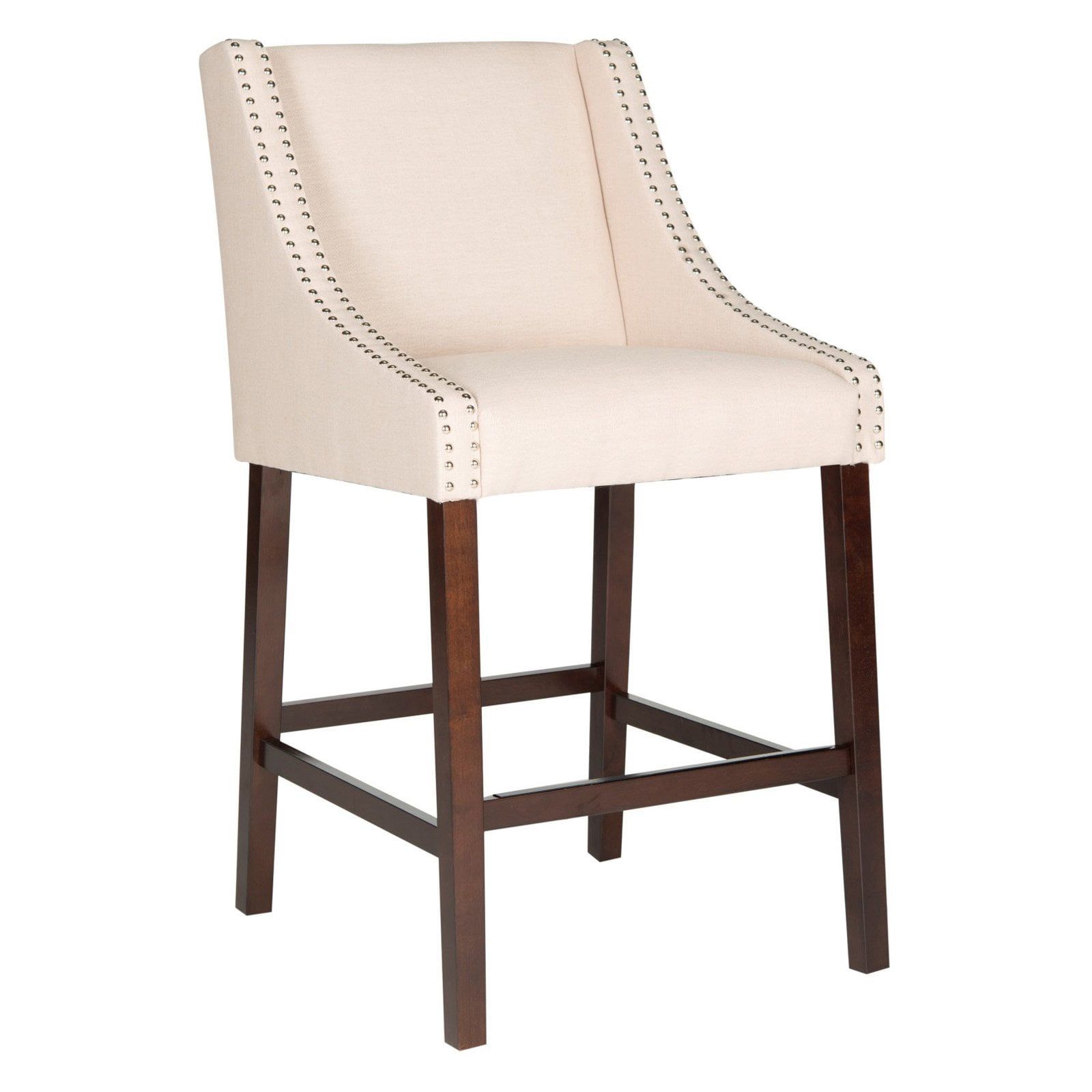 Beige Linen and Espresso Wood Bar Stool