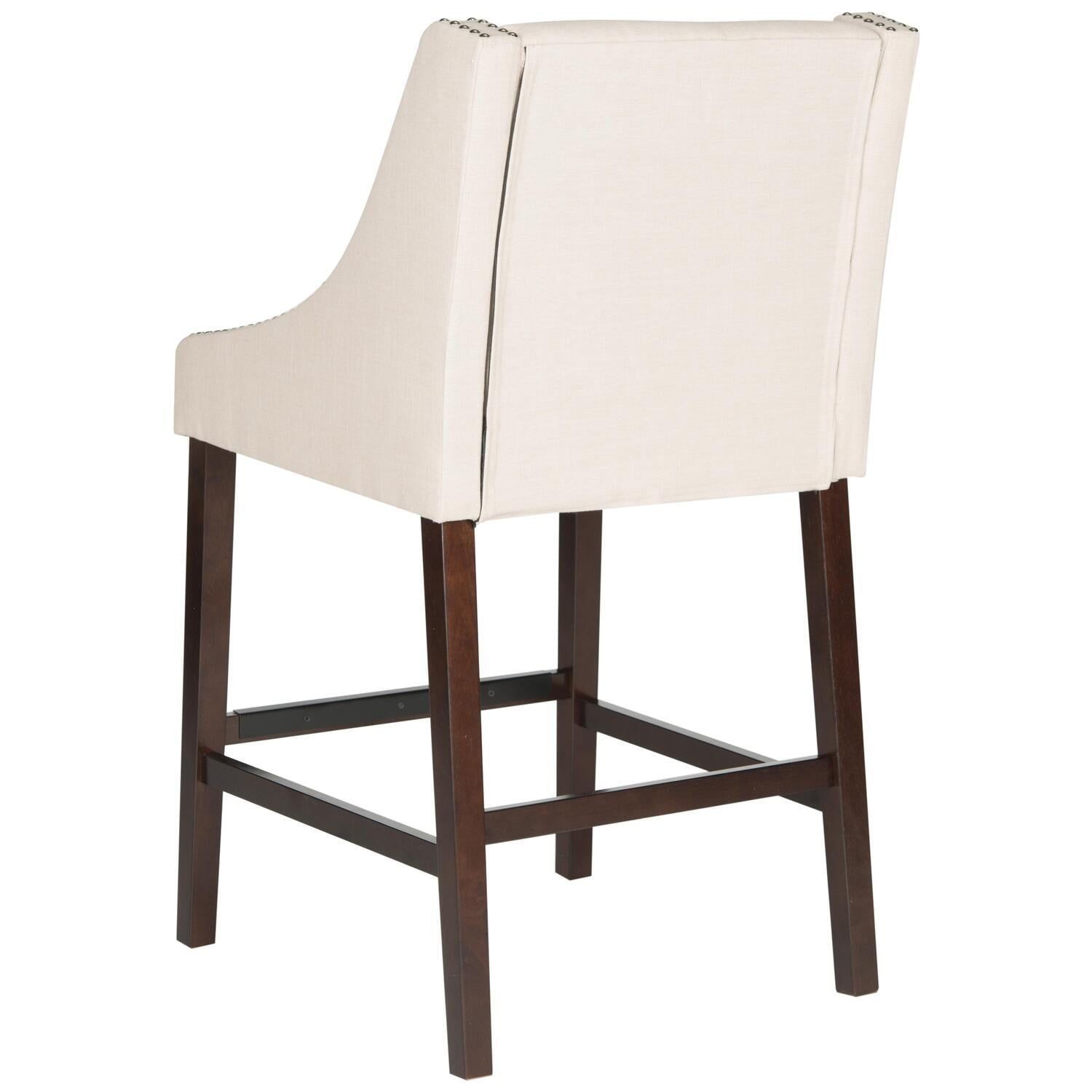 Beige Linen and Espresso Wood Bar Stool