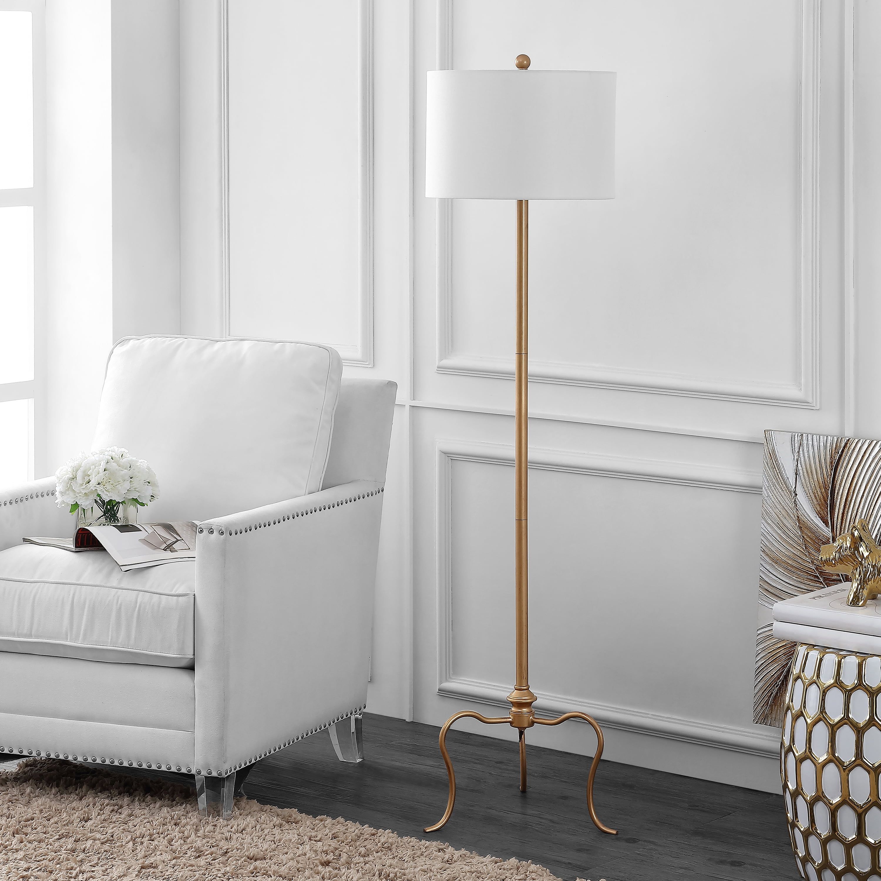 White Metal Tripod Floor Lamp with Off-White Shade