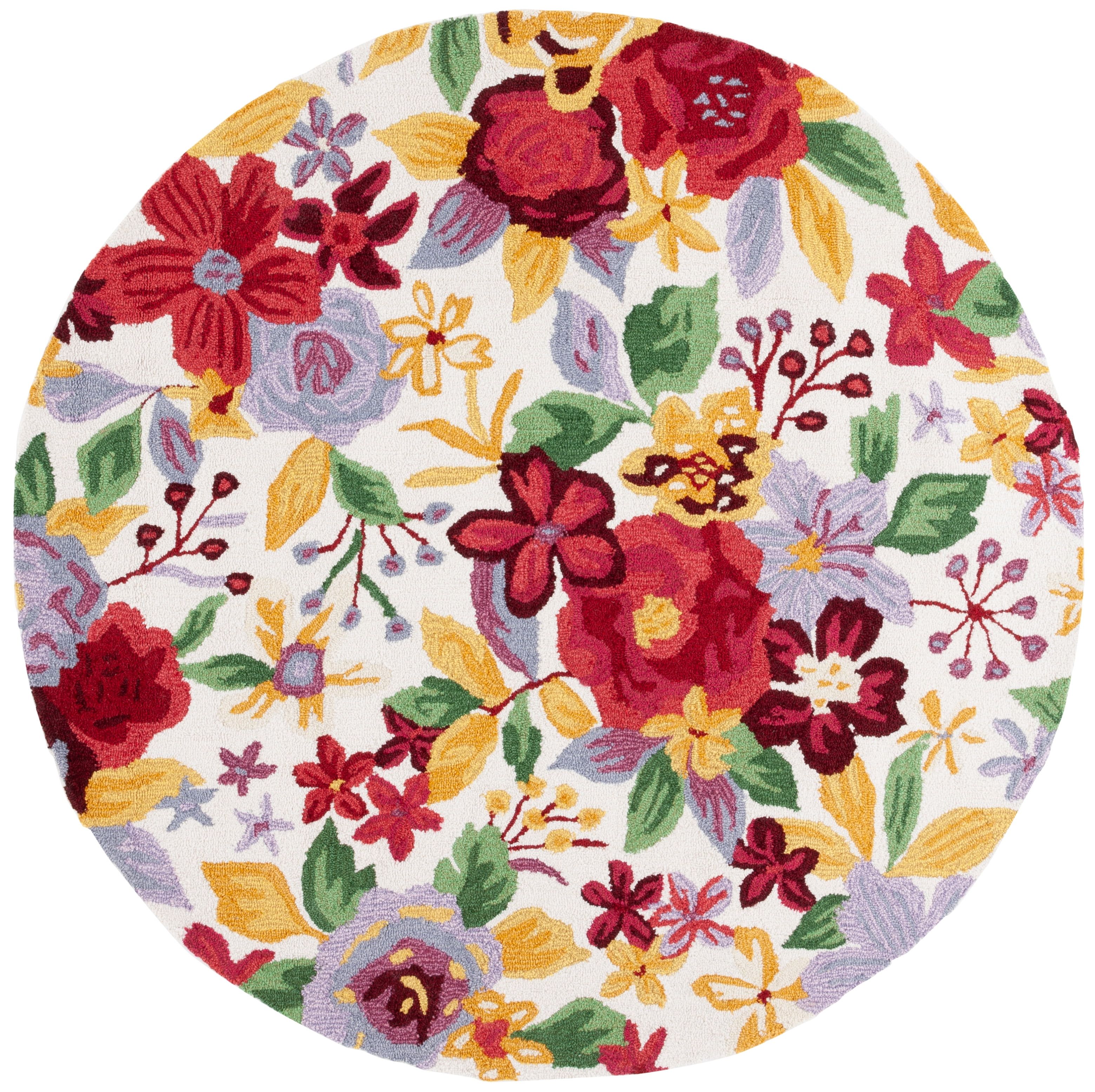 Ivory and Red Floral Round Tufted Wool Area Rug, 6' x 6'