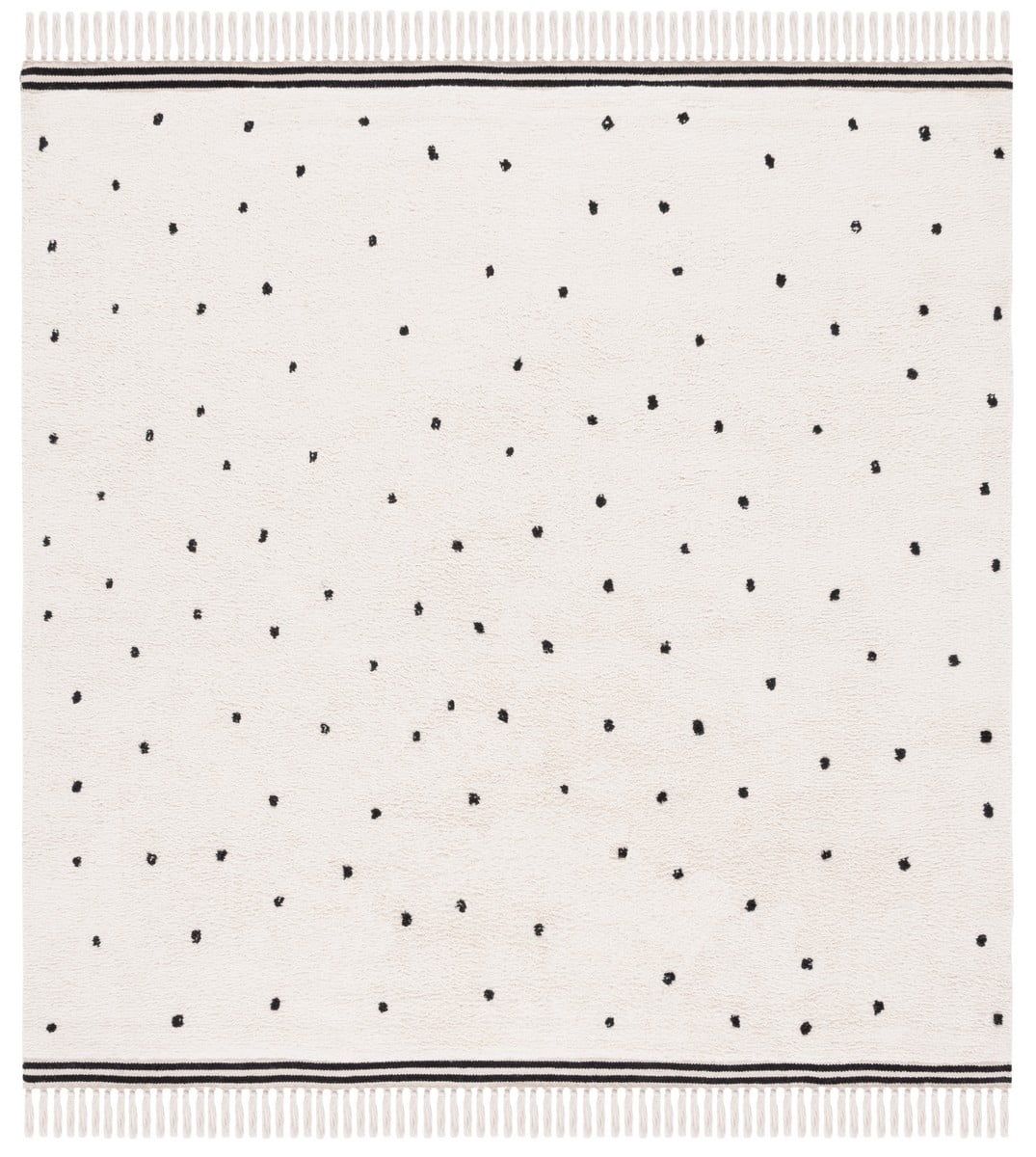 Ivory and Black Cotton Polka Dot Washable Square Rug, 6' x 6'