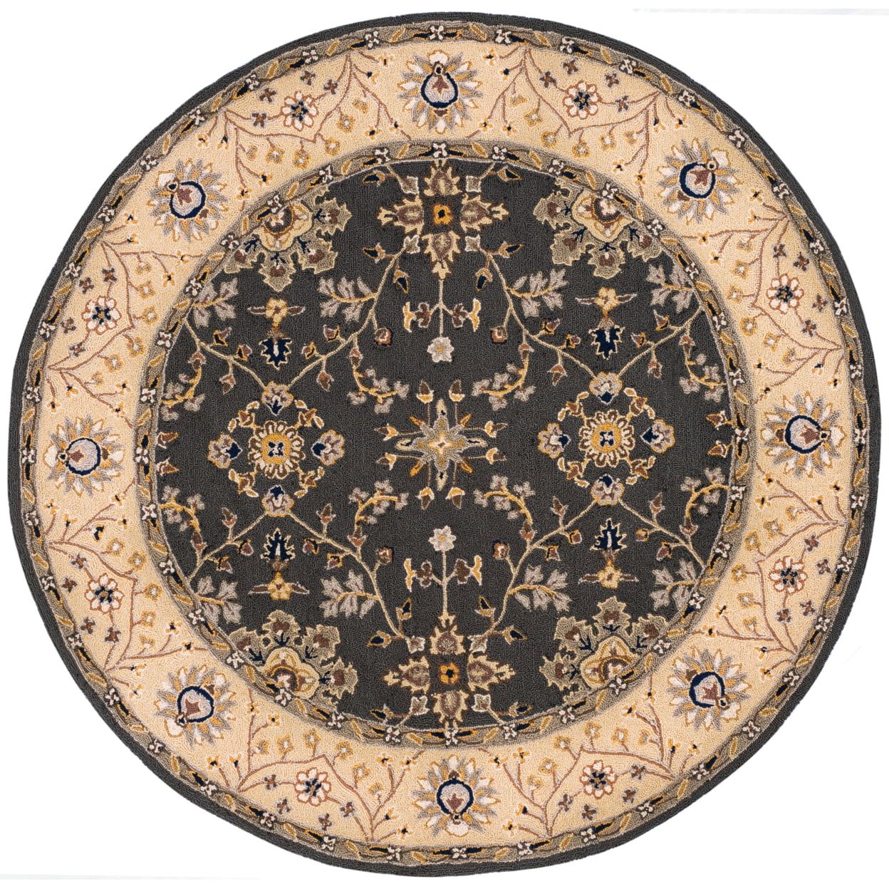 Grey and Cream Floral Round Synthetic Area Rug, 8'