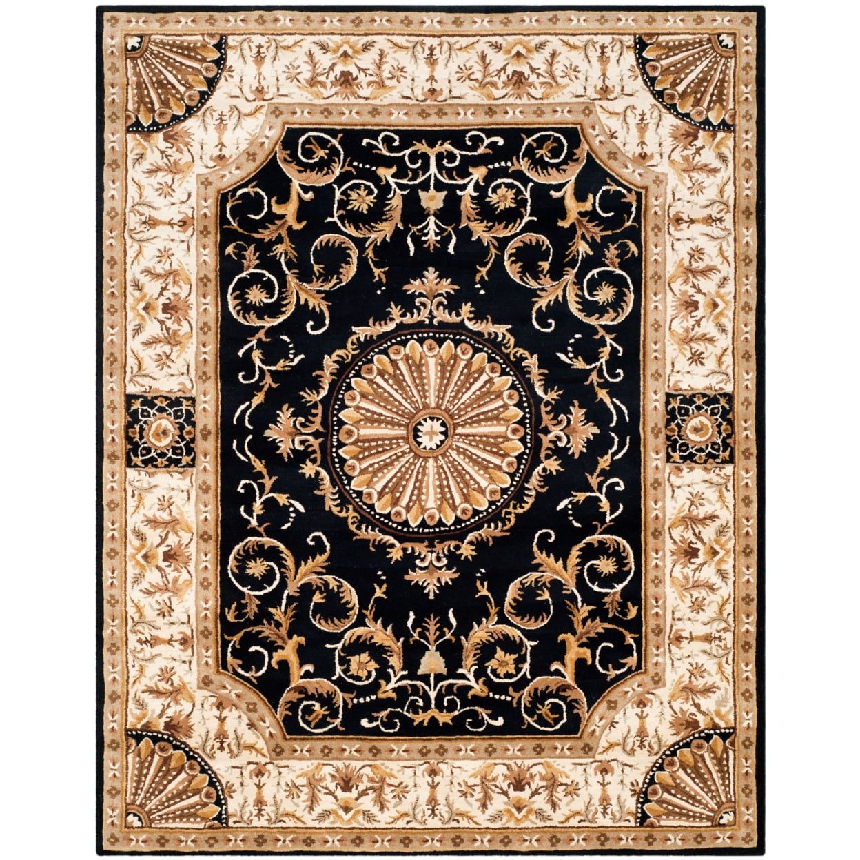 Handmade Tufted Wool Rectangular Black/Ivory Floral Area Rug