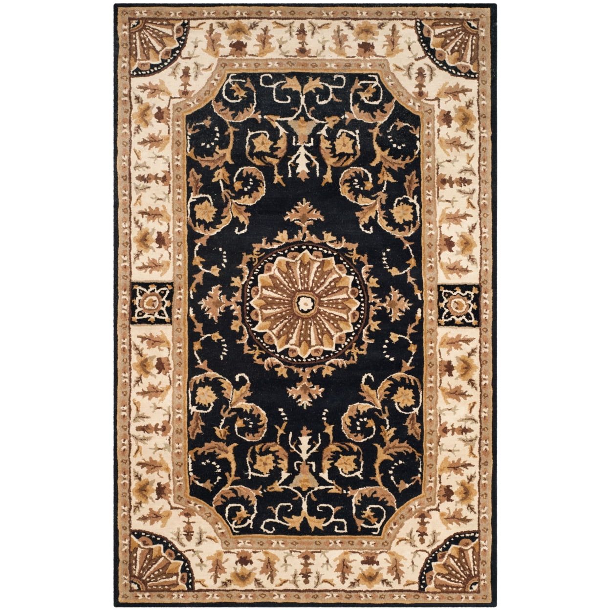 Black and Ivory Floral Wool Handmade 4' x 6' Area Rug