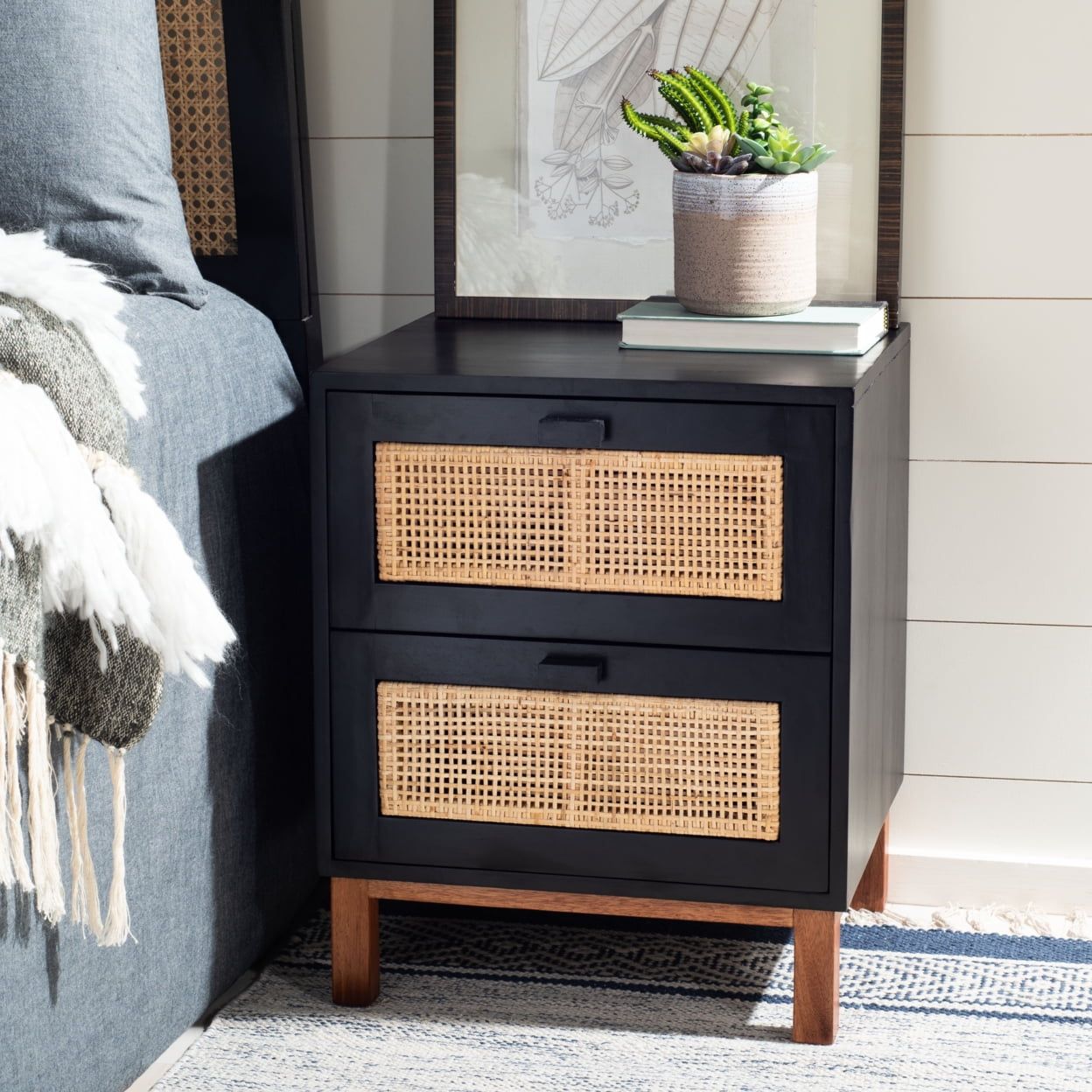 Erica Coastal Black Wood with Natural Rattan 2-Drawer Nightstand