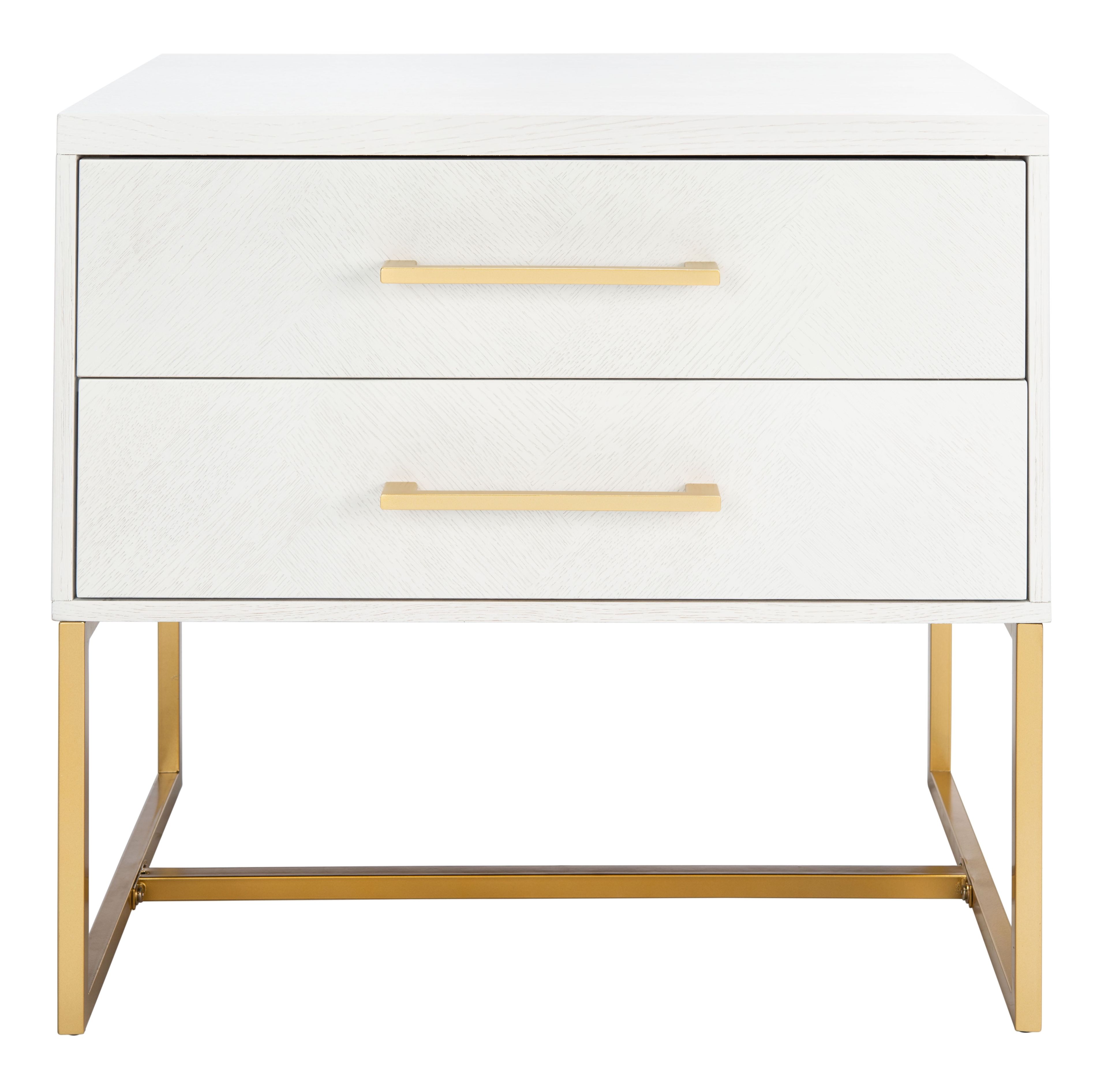 Estelle 36" White Contemporary 2-Drawer Nightstand with Brass Accents