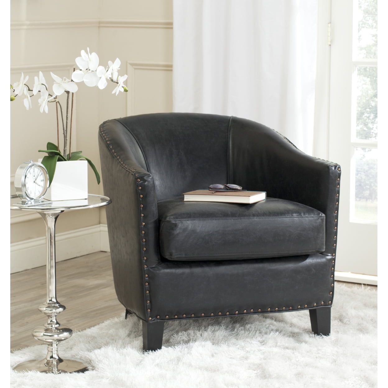 Antique Black Faux Leather Barrel Accent Chair