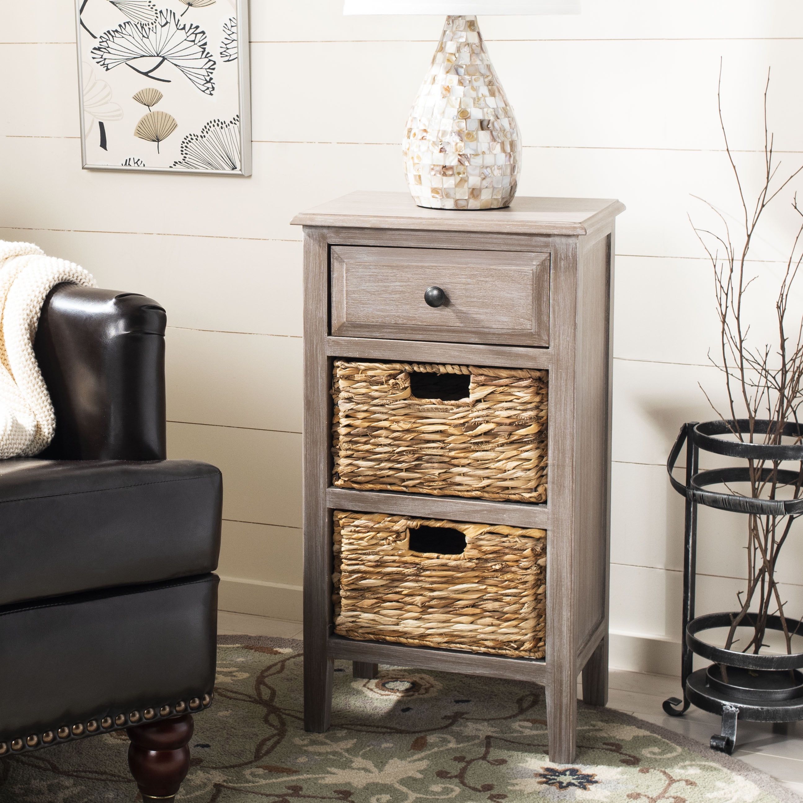 Transitional Pine and Metal Side Table with Storage Baskets