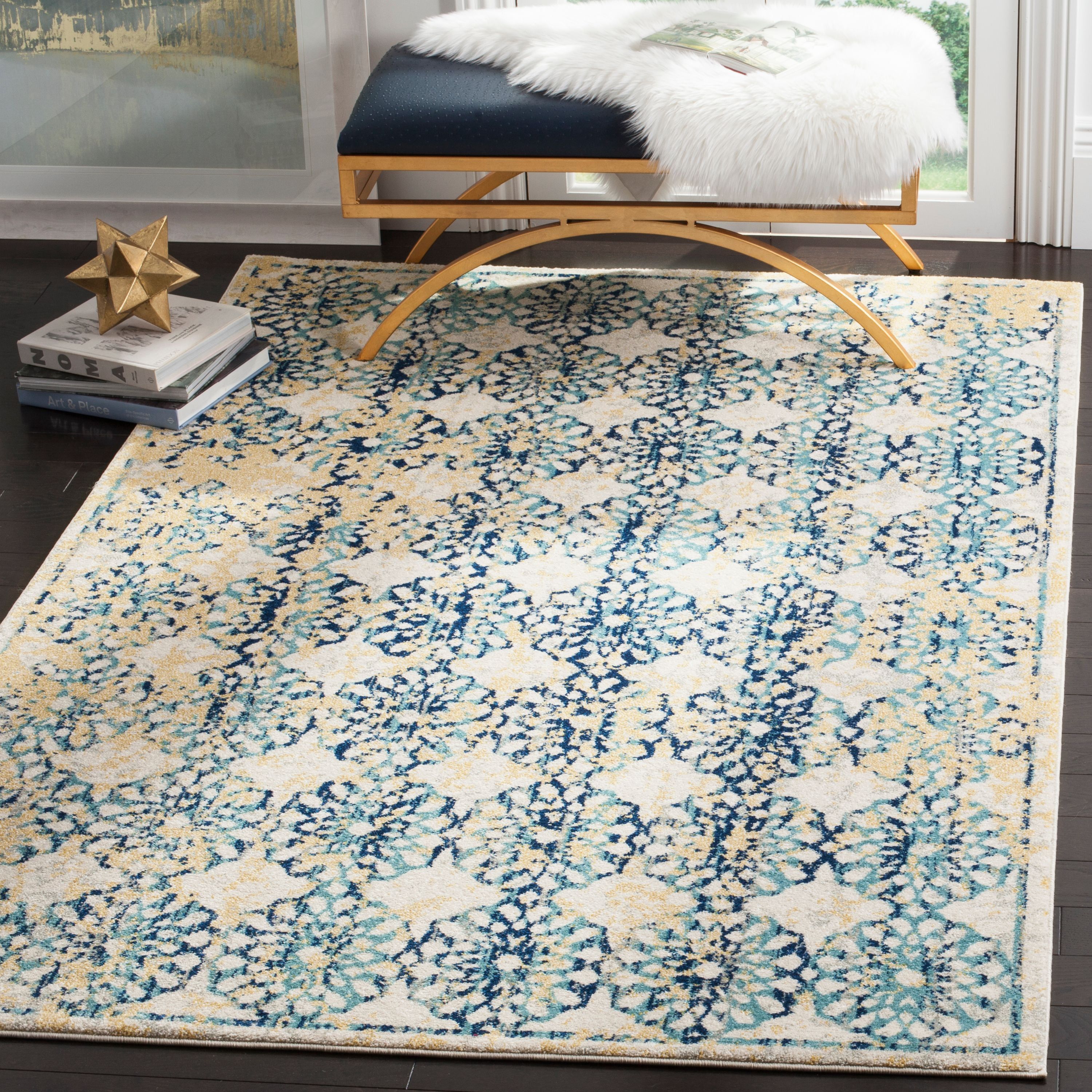 Ivory and Blue Floral Distressed 3' x 5' Area Rug