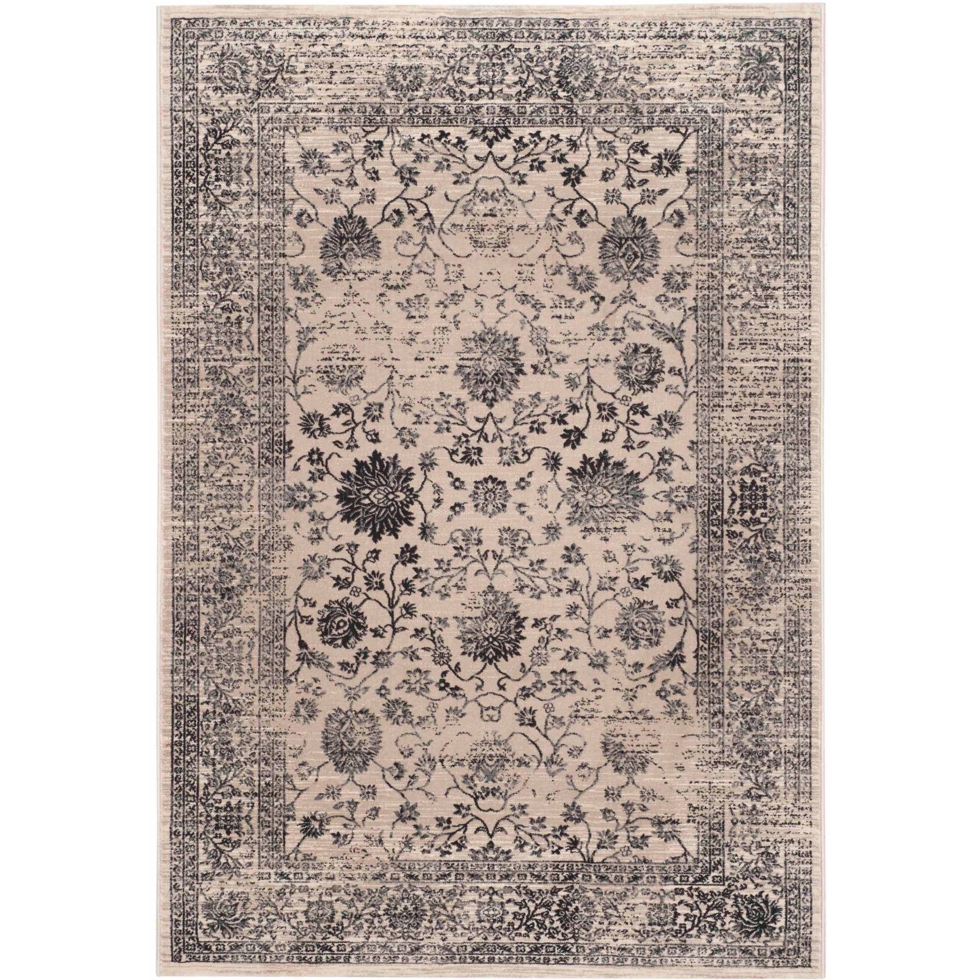 Beige and Blue Distressed Floral Area Rug, 5'1" x 7'6"