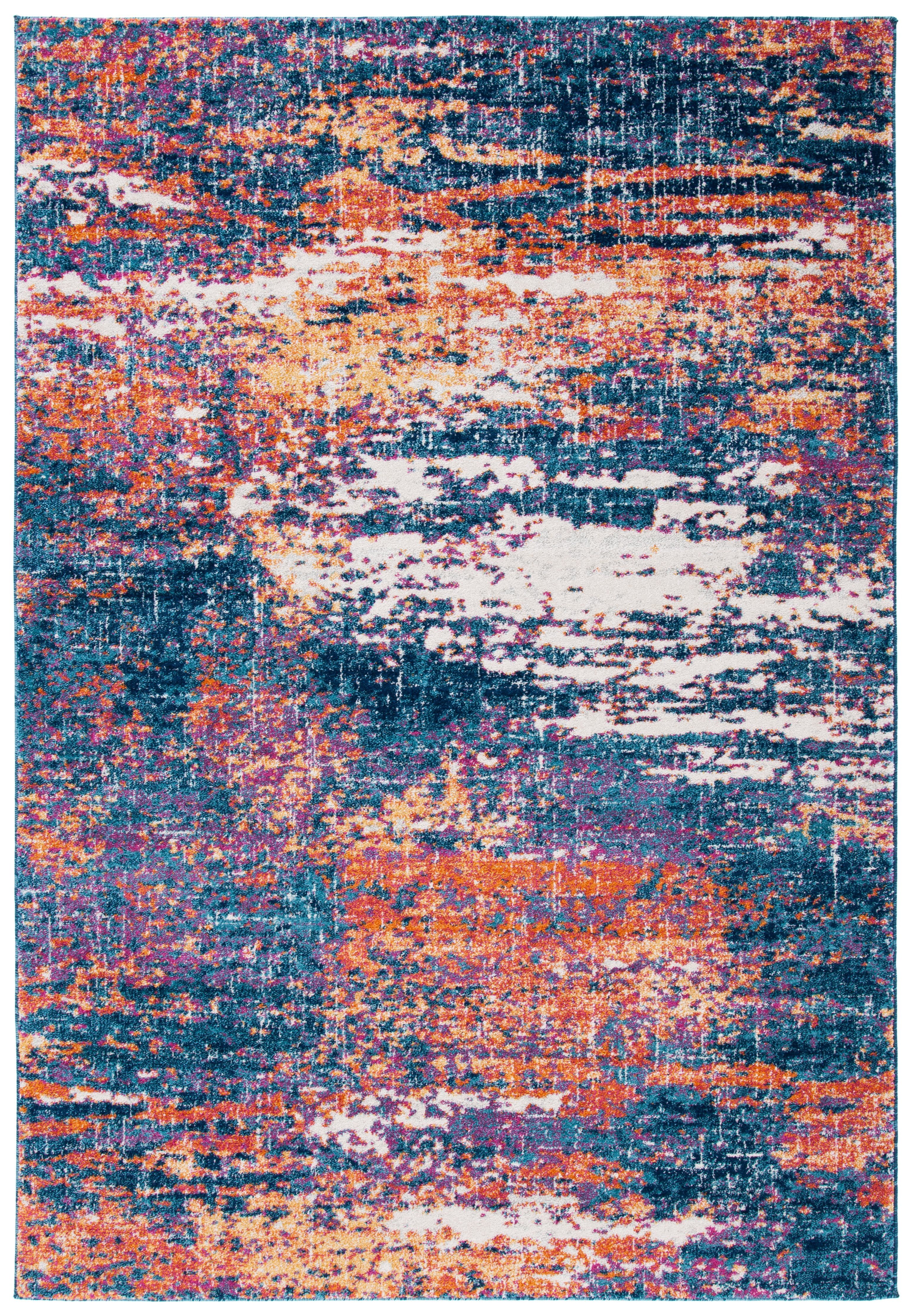Navy and Orange Abstract Synthetic Area Rug, 8' x 10'
