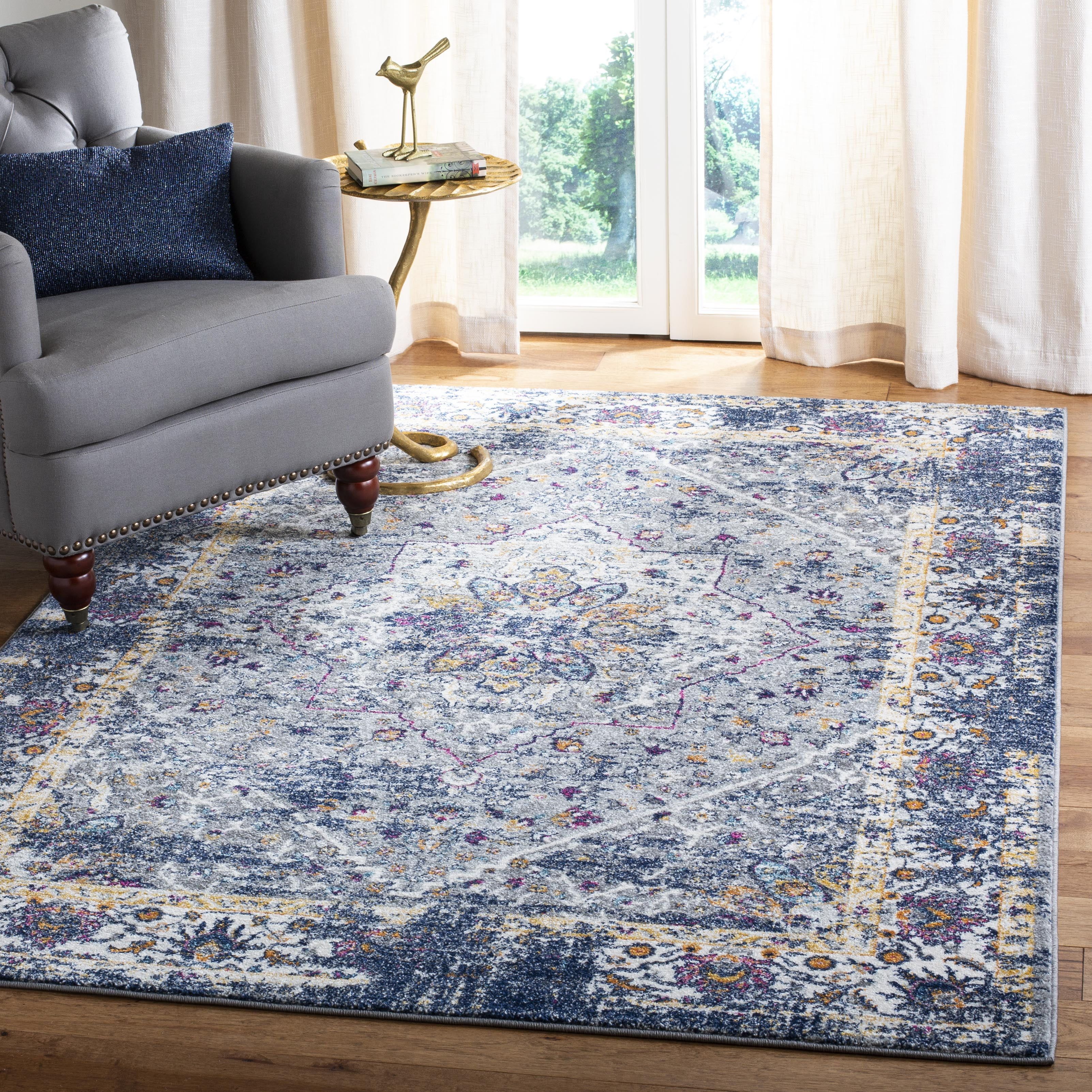 Evoke Grey and Navy Floral 9' x 12' Synthetic Area Rug